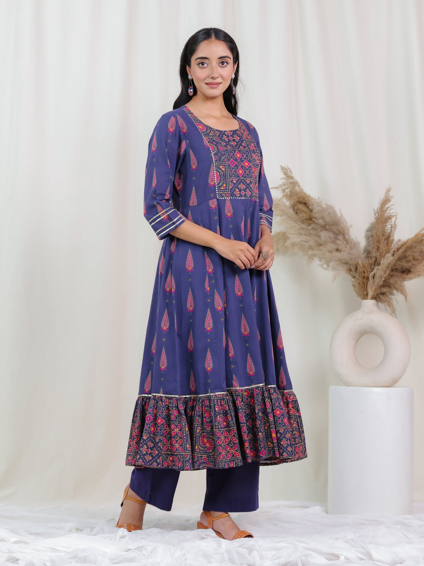 Soft Cotton Mughal Print Anarkali Purple Kurta