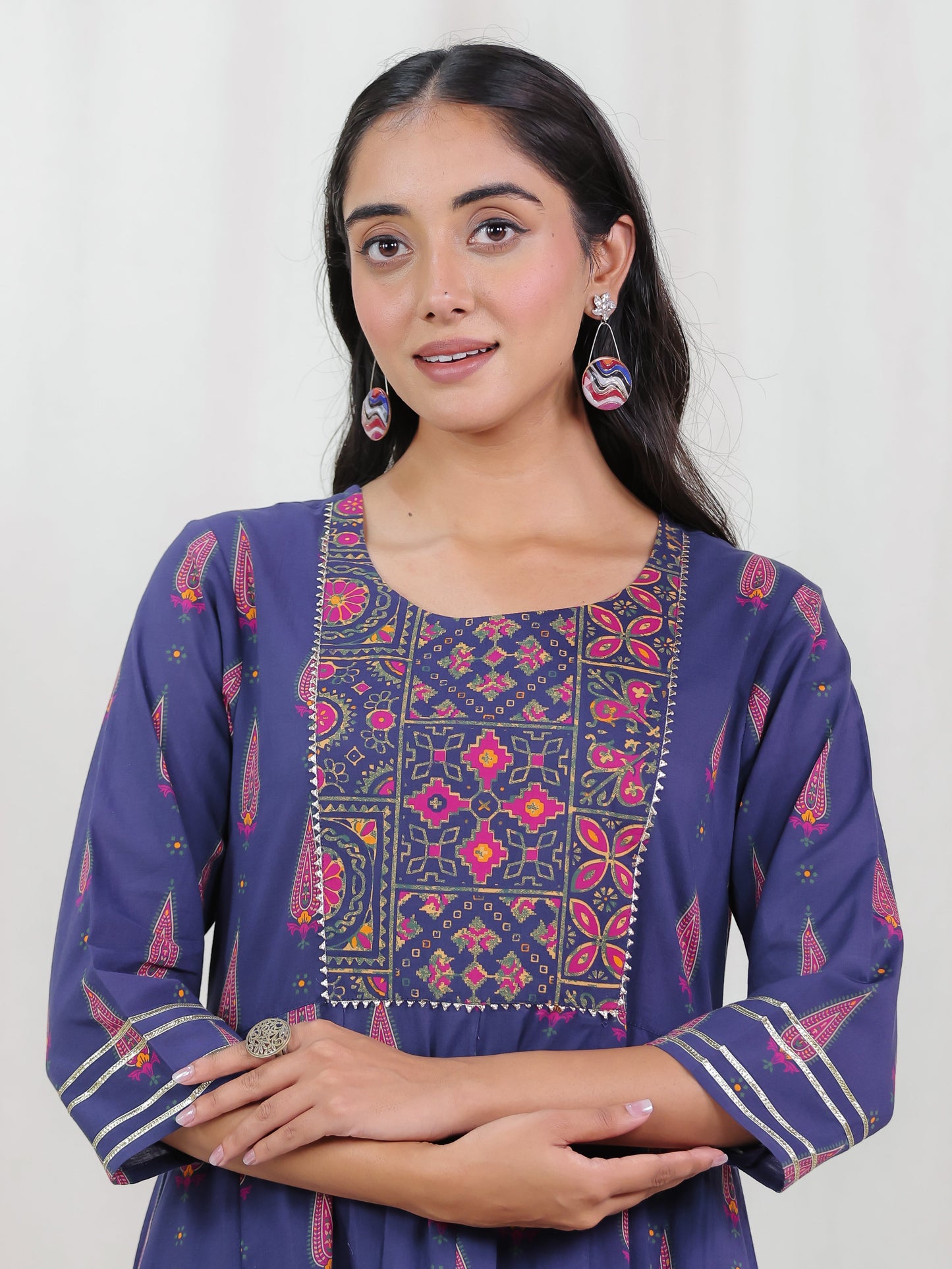 Soft Cotton Mughal Print Anarkali Purple Kurta