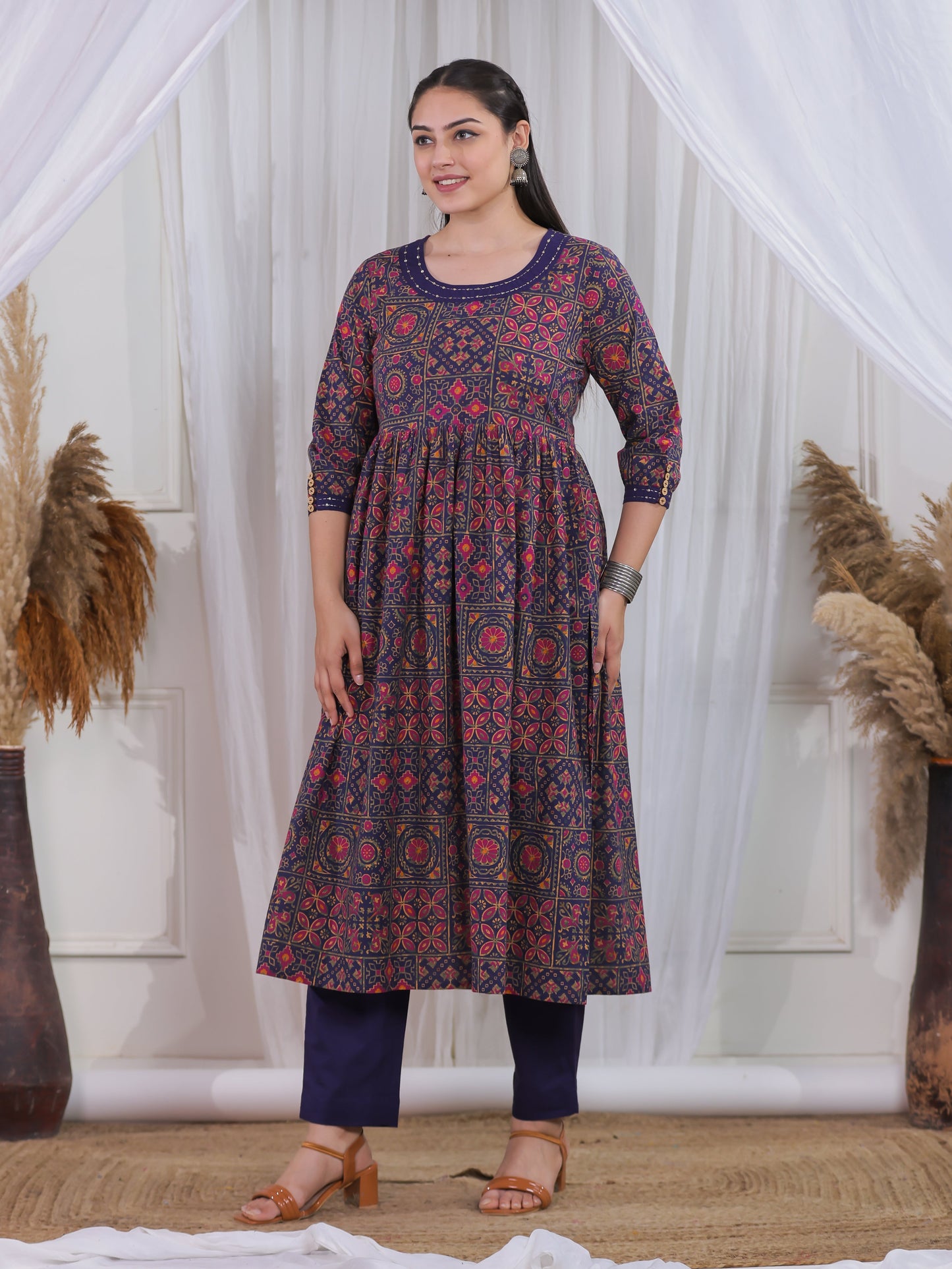Soft Cotton Geometric Flared Navy Blue Kurta