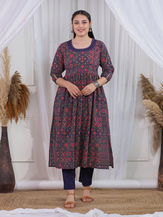 Soft Cotton Geometric Flared Navy Blue Kurta