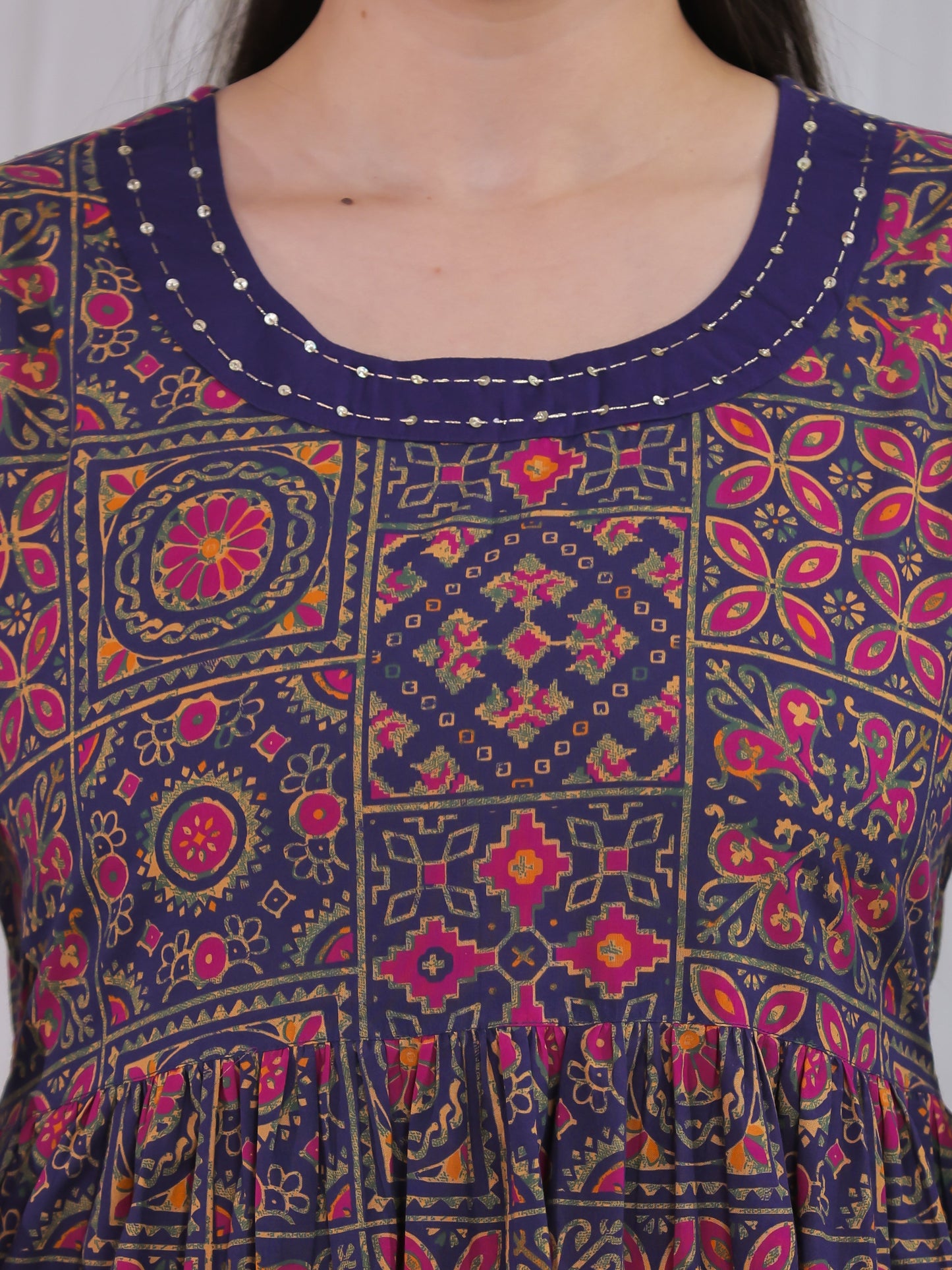 Soft Cotton Geometric Flared Navy Blue Kurta