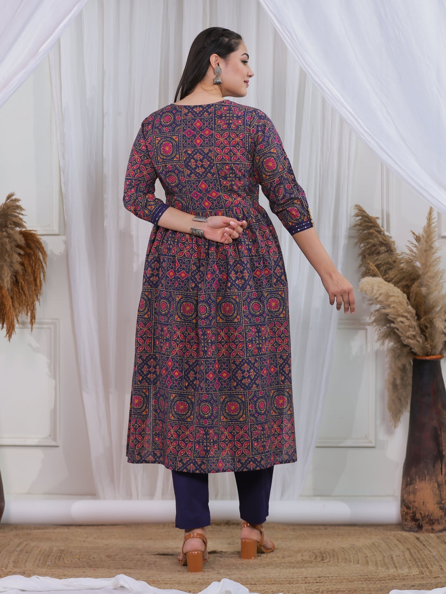 Soft Cotton Geometric Flared Navy Blue Kurta