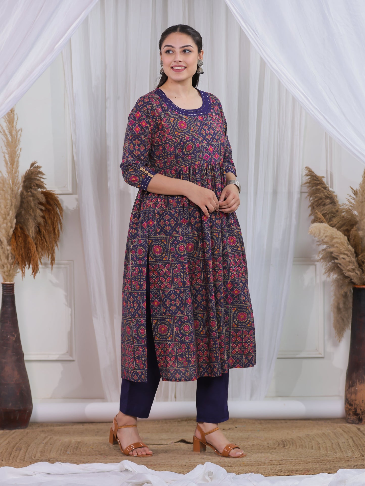 Soft Cotton Geometric Flared Navy Blue Kurta