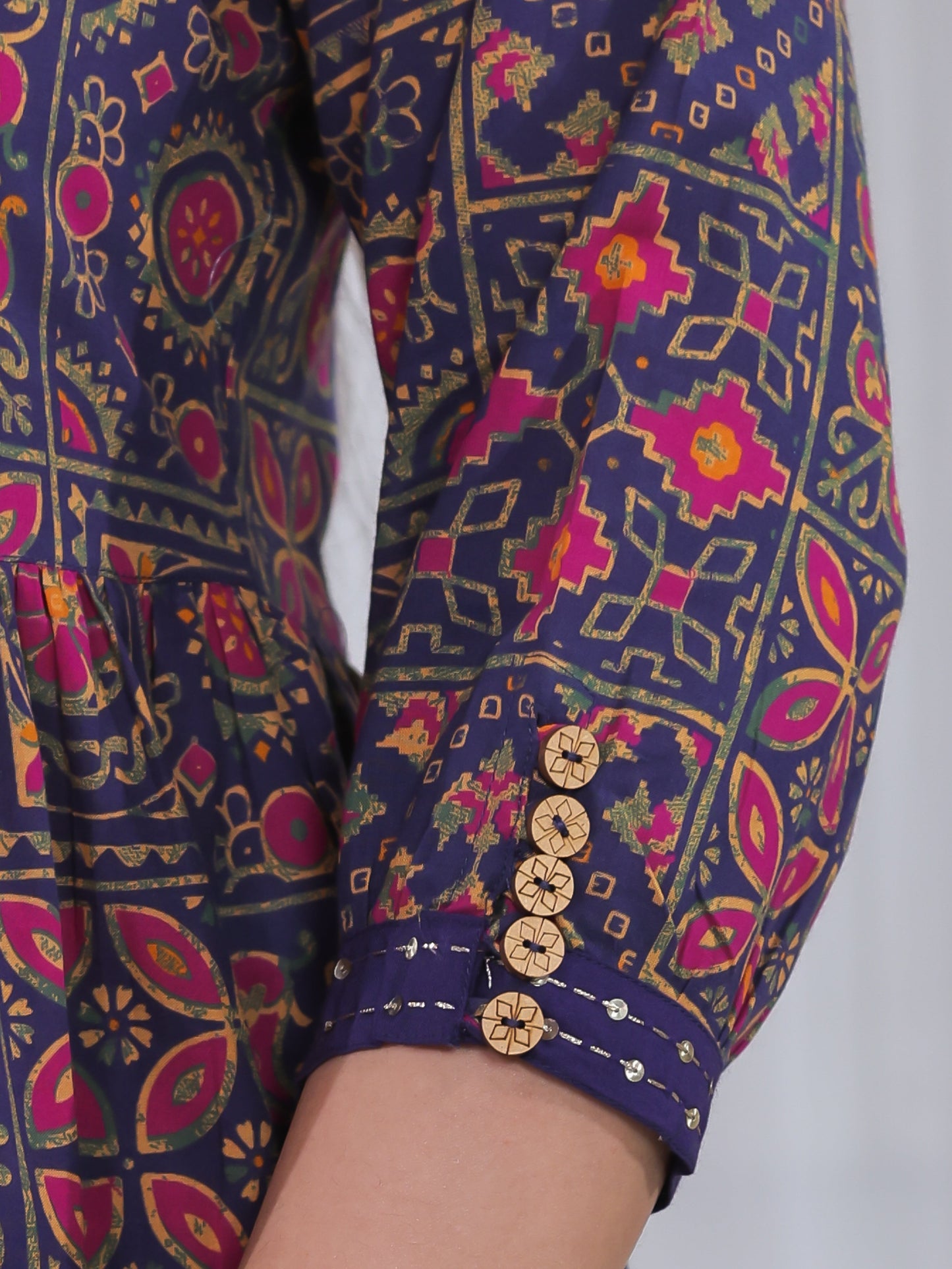 Soft Cotton Geometric Flared Navy Blue Kurta