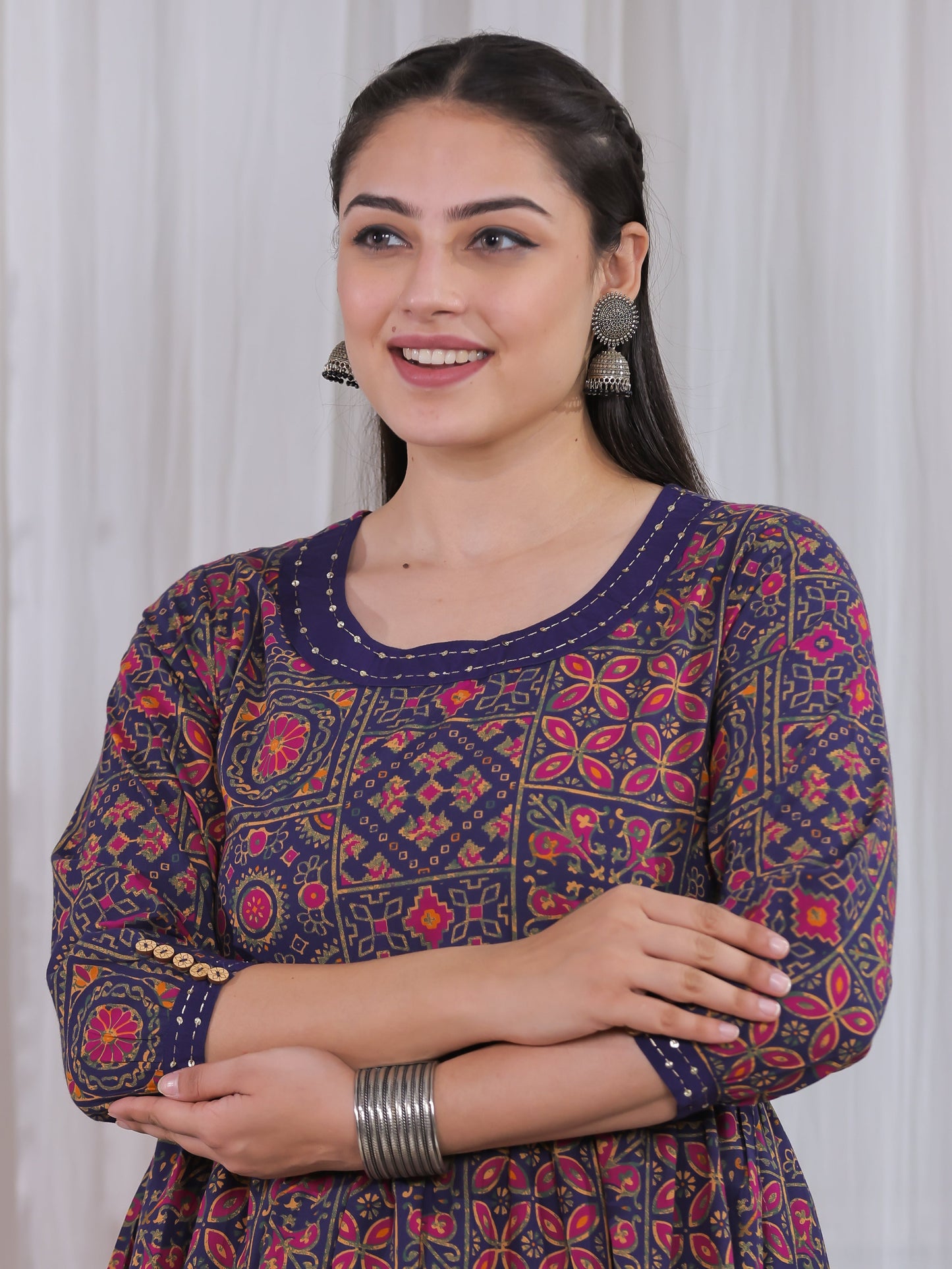 Soft Cotton Geometric Flared Navy Blue Kurta