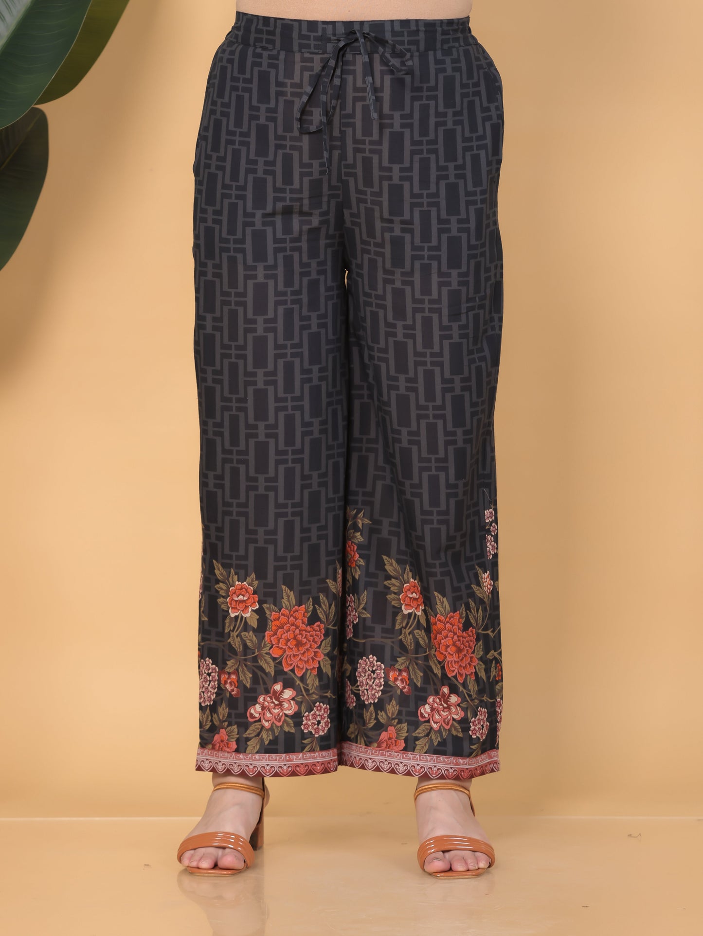 Soft Cotton Placement Print Black Palazzo