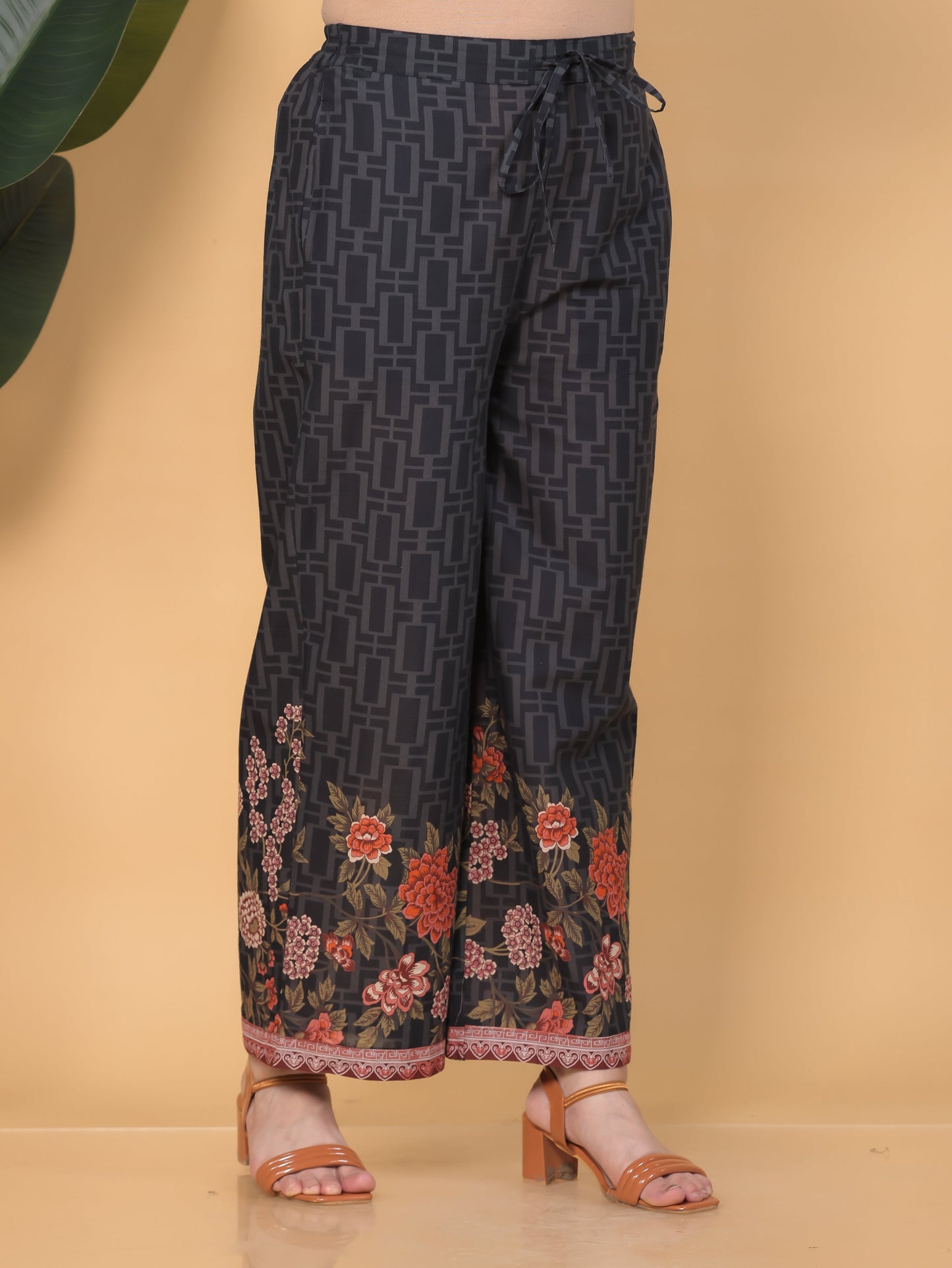 Soft Cotton Placement Print Black Palazzo