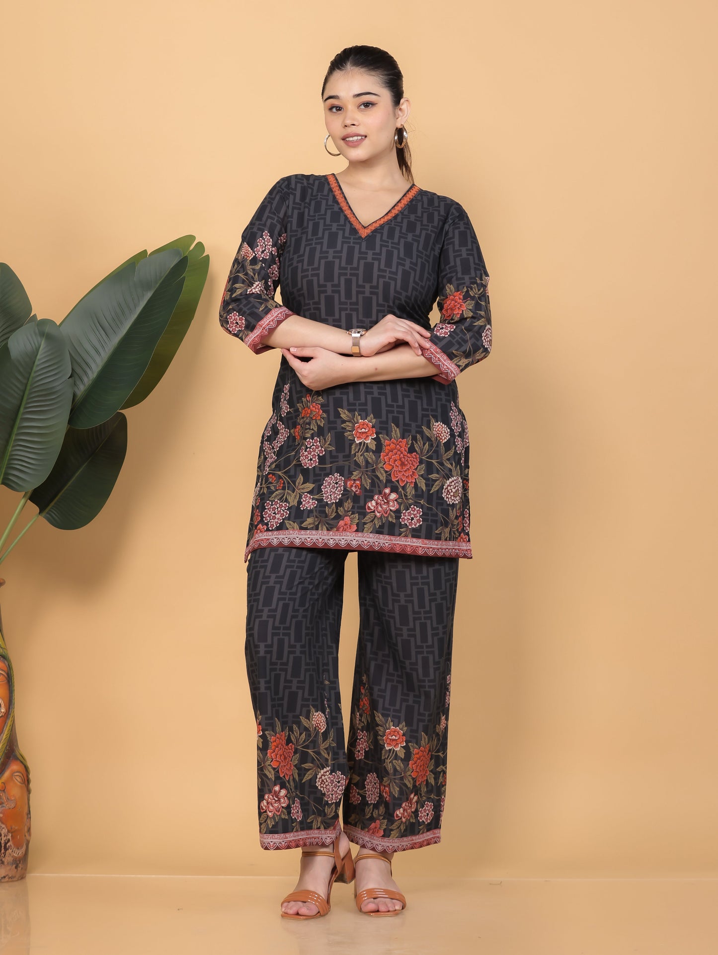 Embroidered Soft Cotton Placement Print Straight Black Kurta