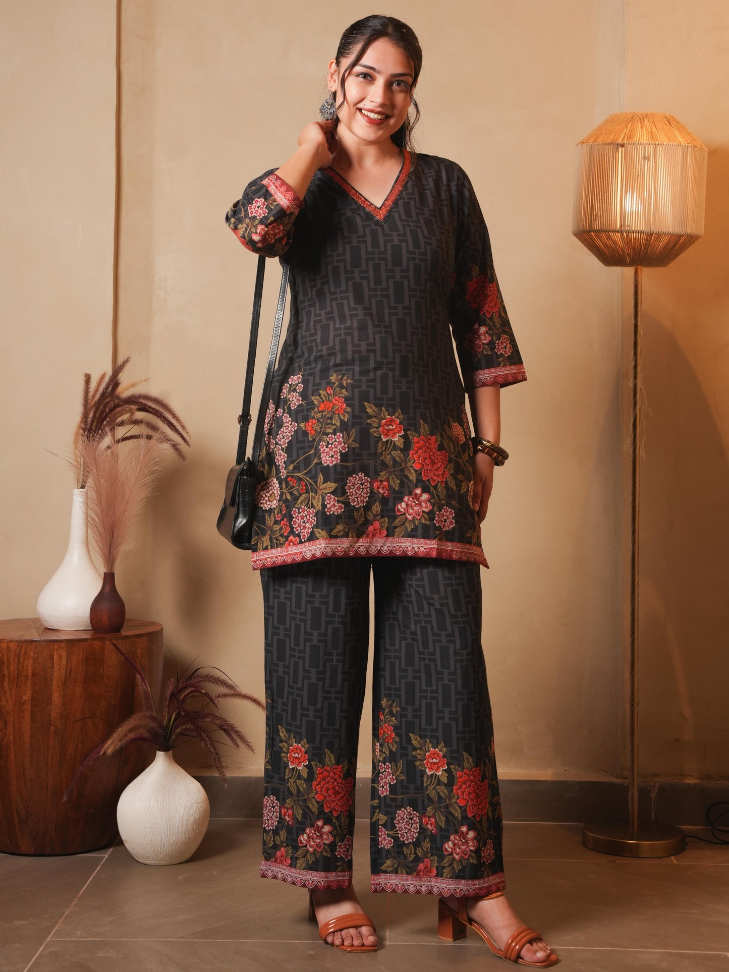 Embroidered Soft Cotton Placement Print Straight Black Kurta