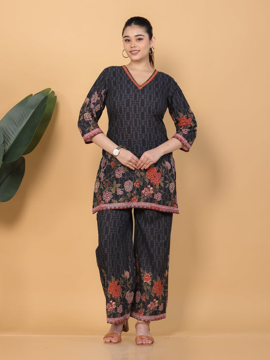 Embroidered Soft Cotton Placement Print Straight Black Kurta