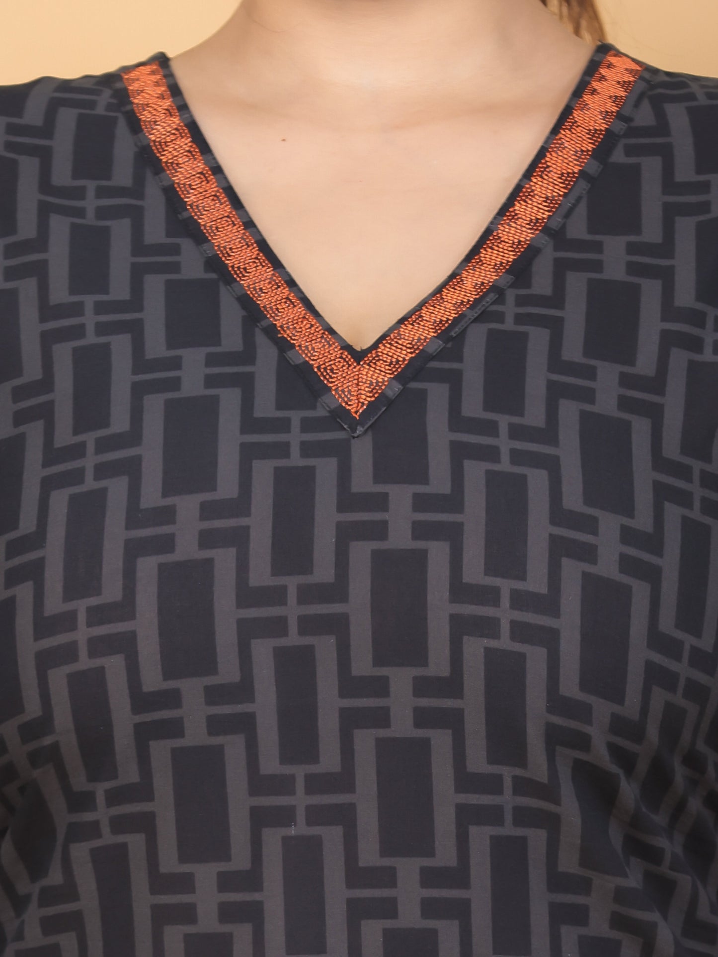 Embroidered Soft Cotton Placement Print Straight Black Kurta