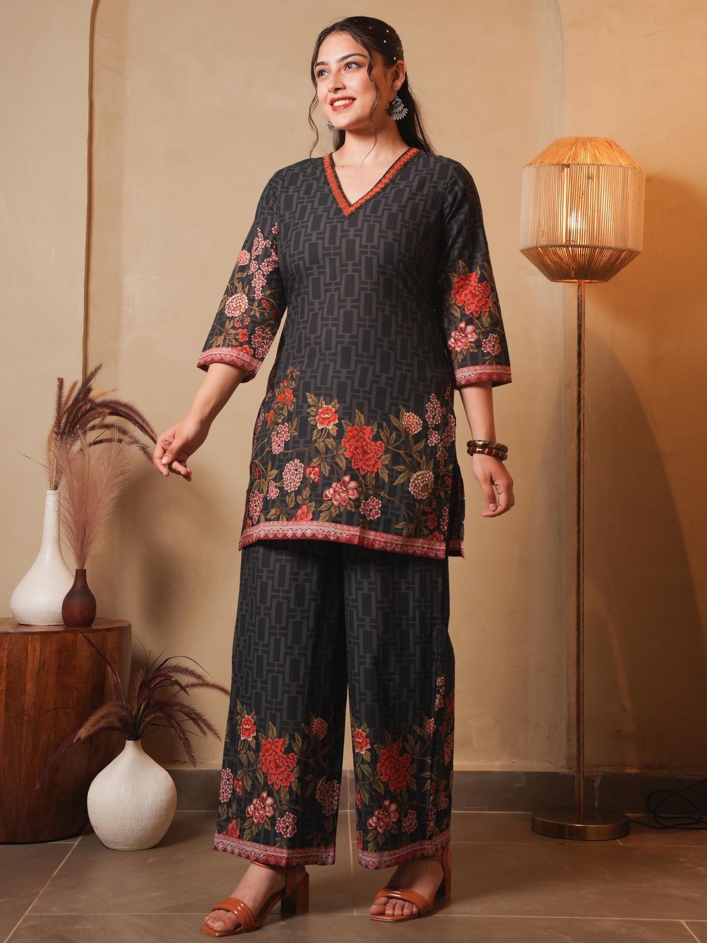 Embroidered Soft Cotton Placement Print Straight Black Kurta