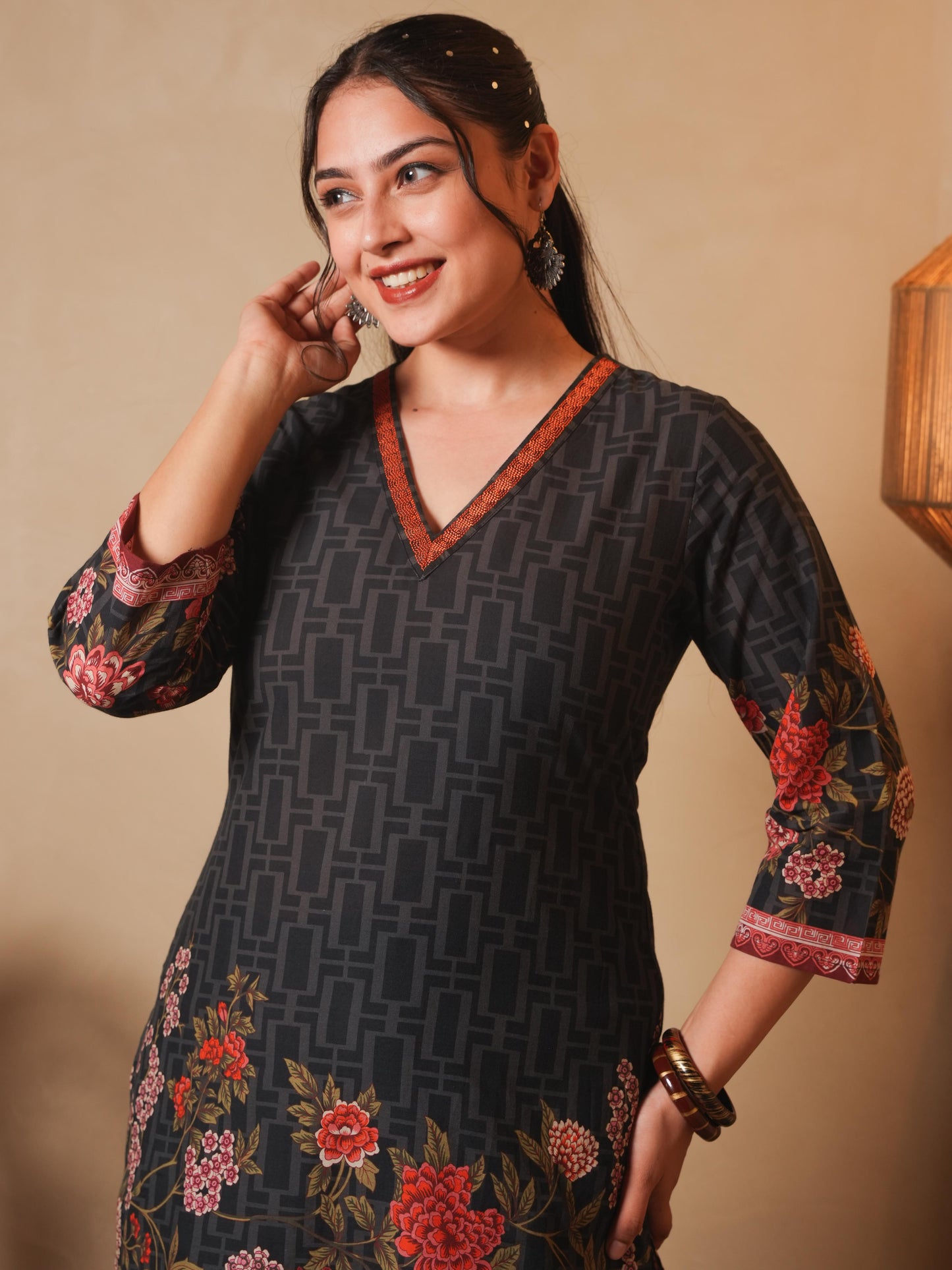 Embroidered Soft Cotton Placement Print Straight Black Kurta
