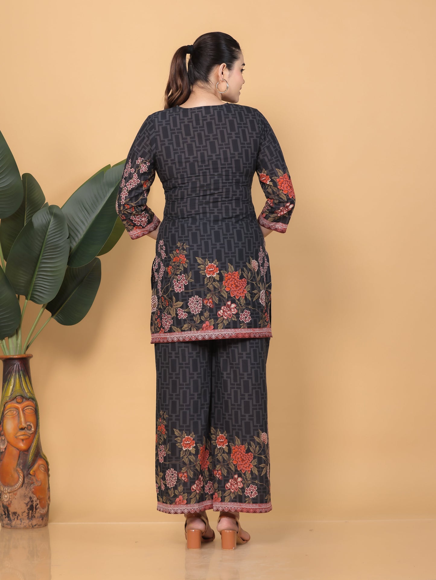Embroidered Soft Cotton Placement Print Straight Black Kurta