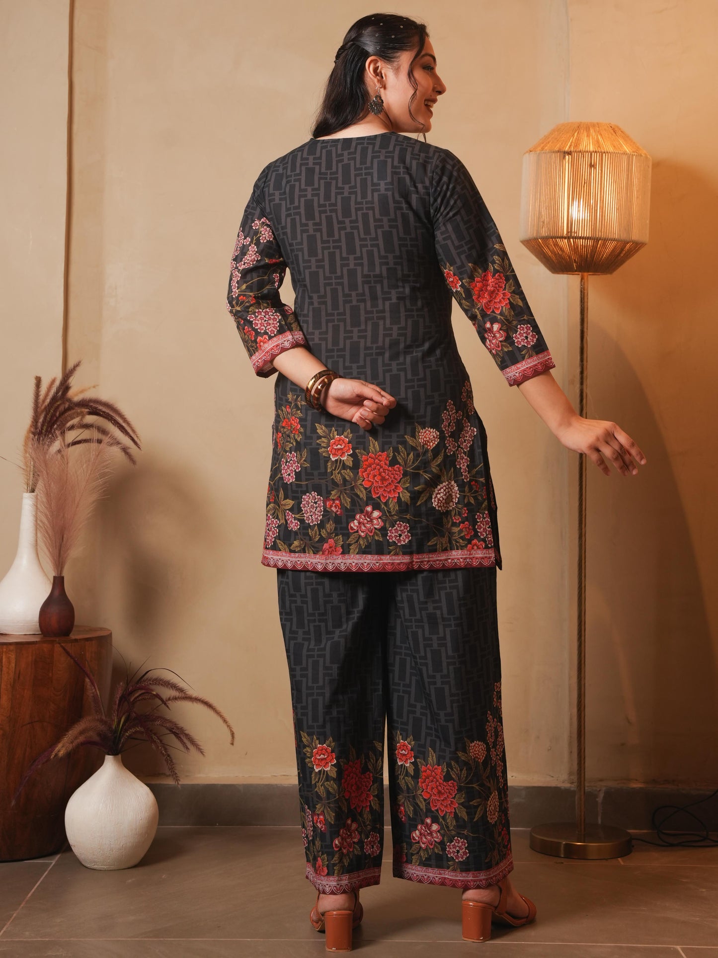 Embroidered Soft Cotton Placement Print Straight Black Kurta