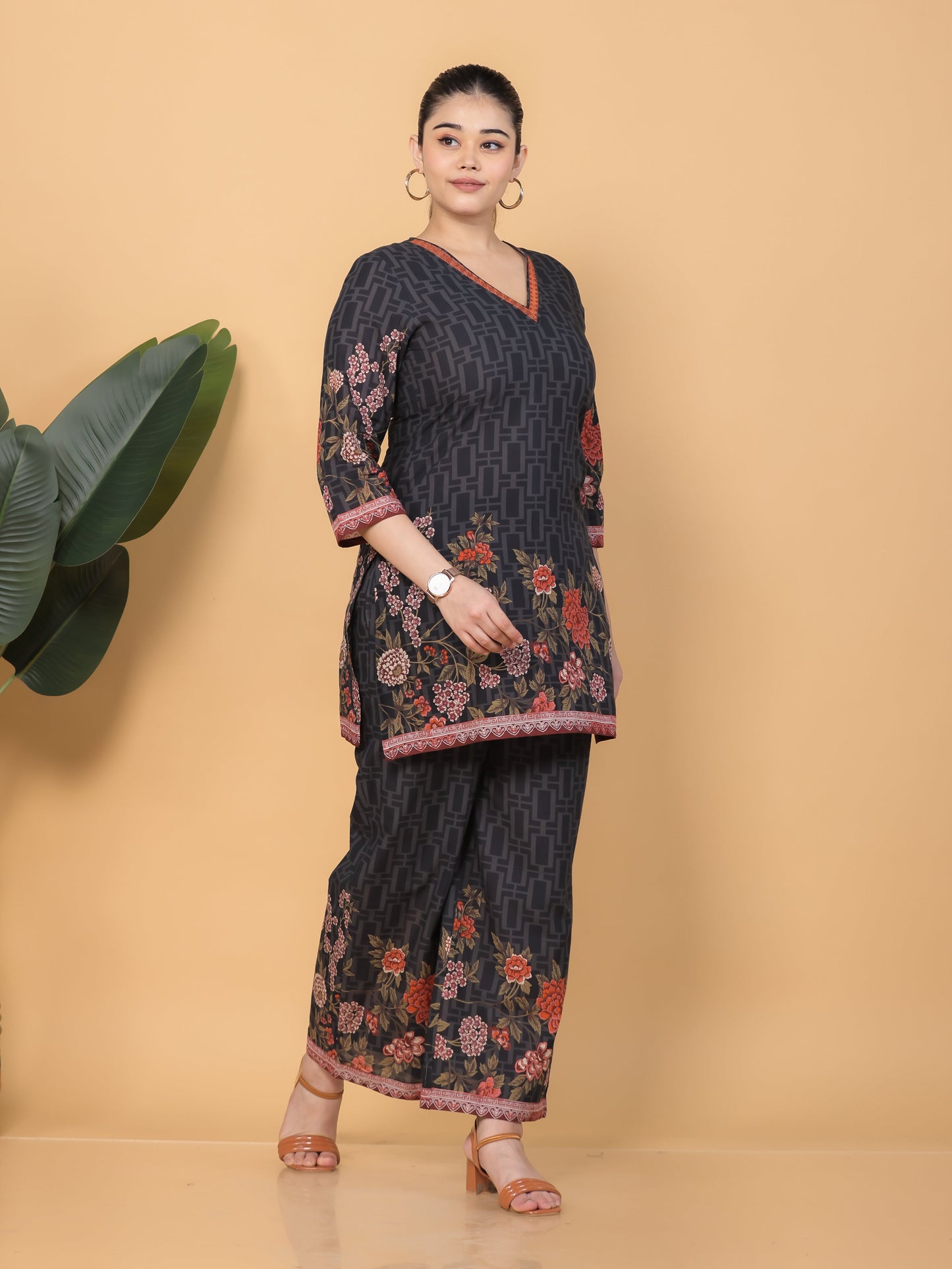Embroidered Soft Cotton Placement Print Straight Black Kurta