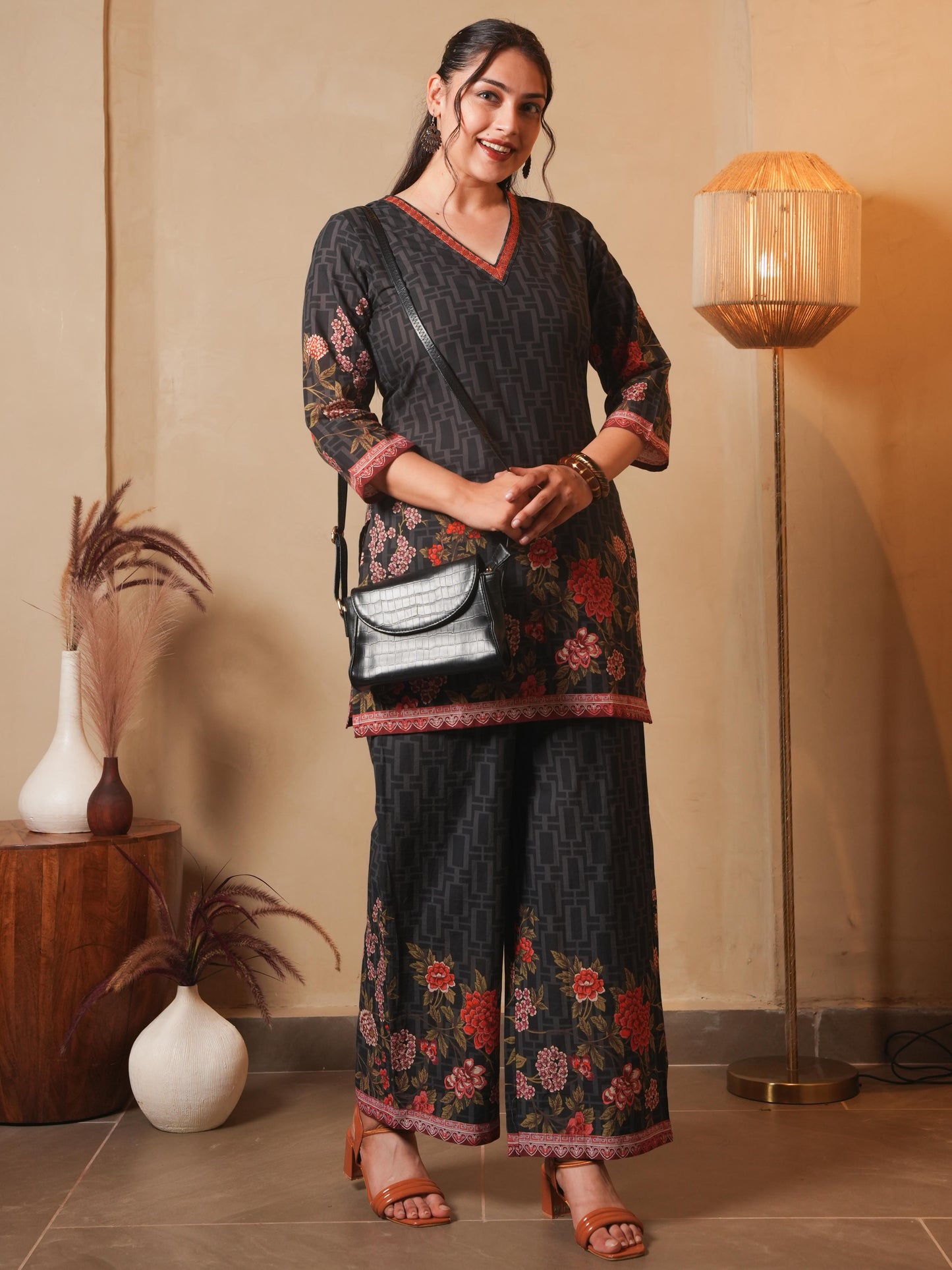 Embroidered Soft Cotton Placement Print Straight Black Kurta