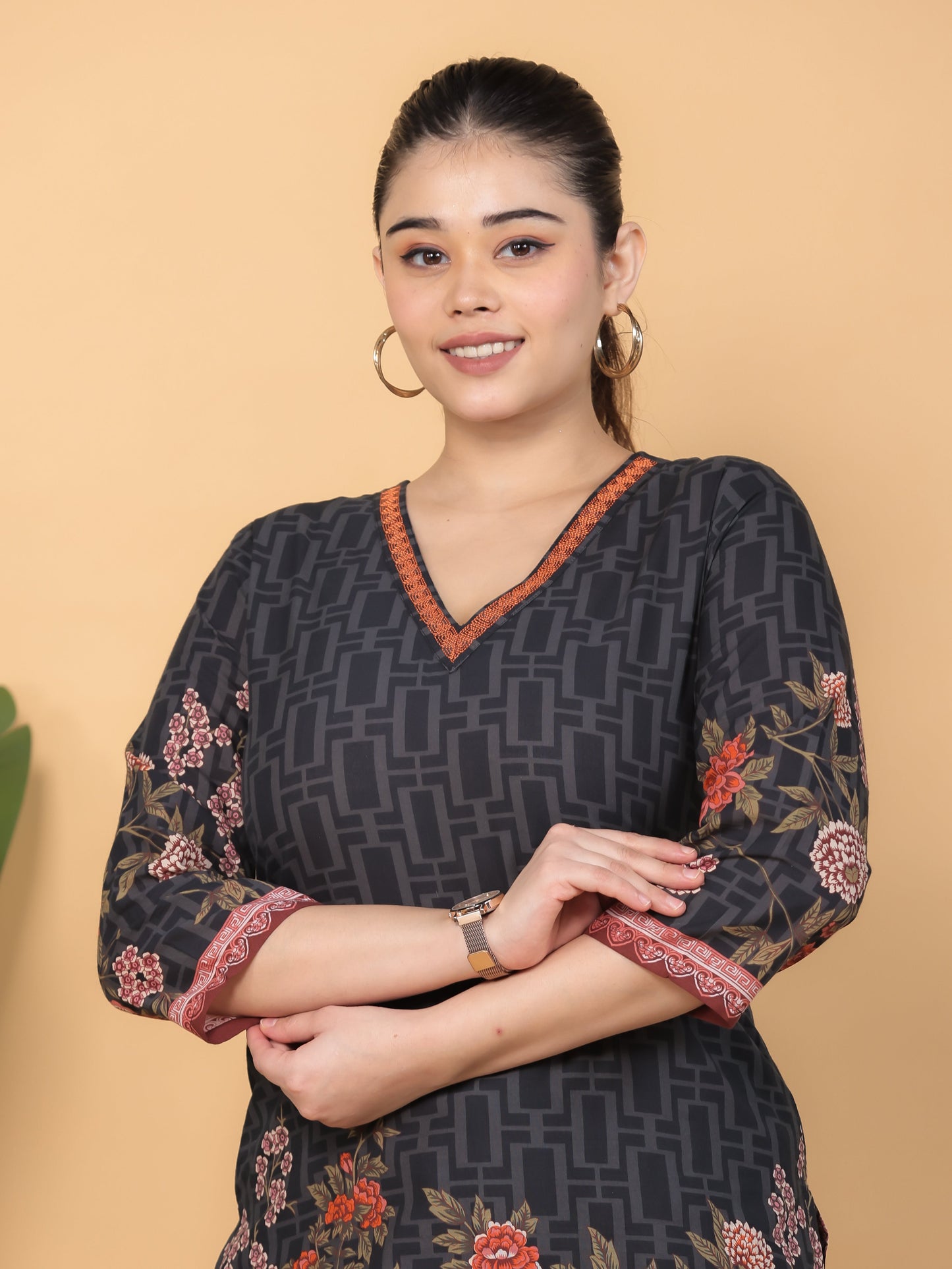 Embroidered Soft Cotton Placement Print Straight Black Kurta