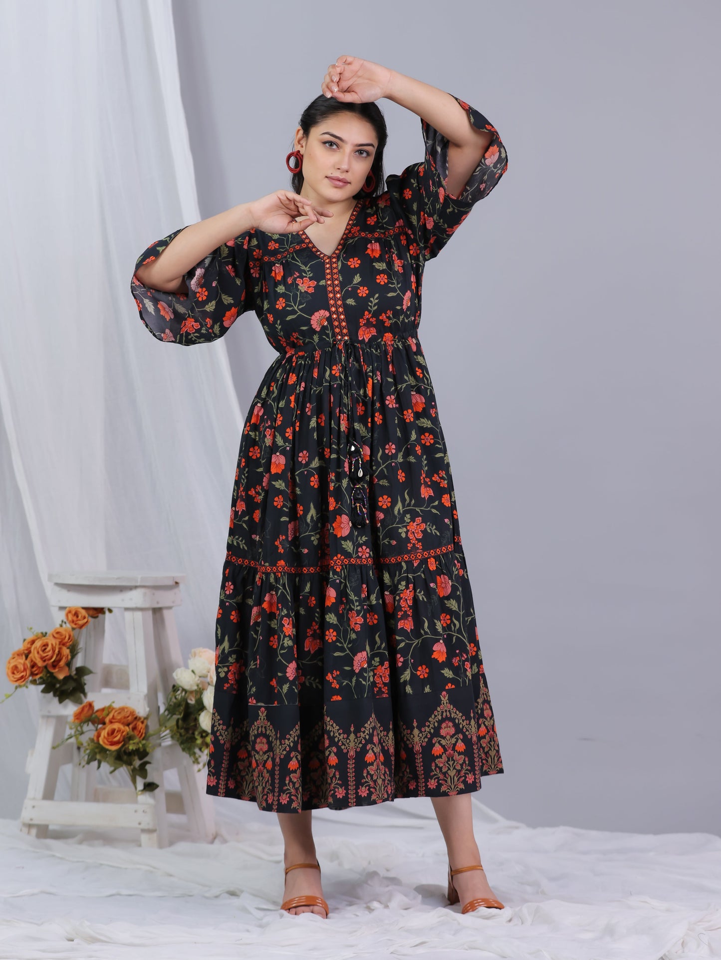 Soft Cotton Floral Gathered Black Dress