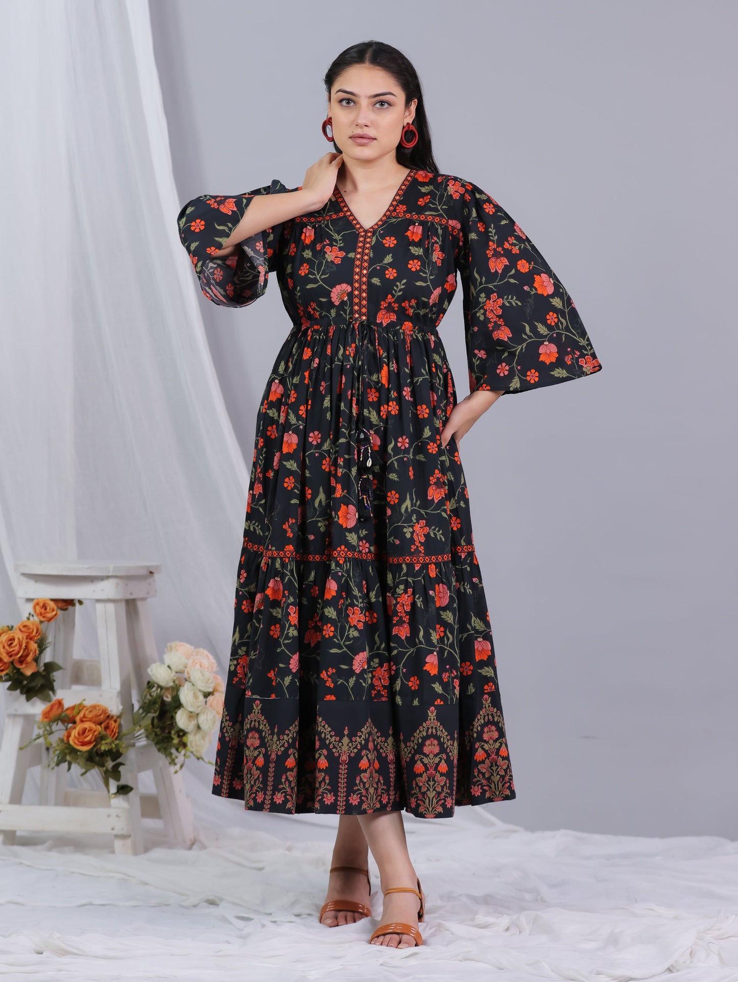 Soft Cotton Floral Gathered Black Dress