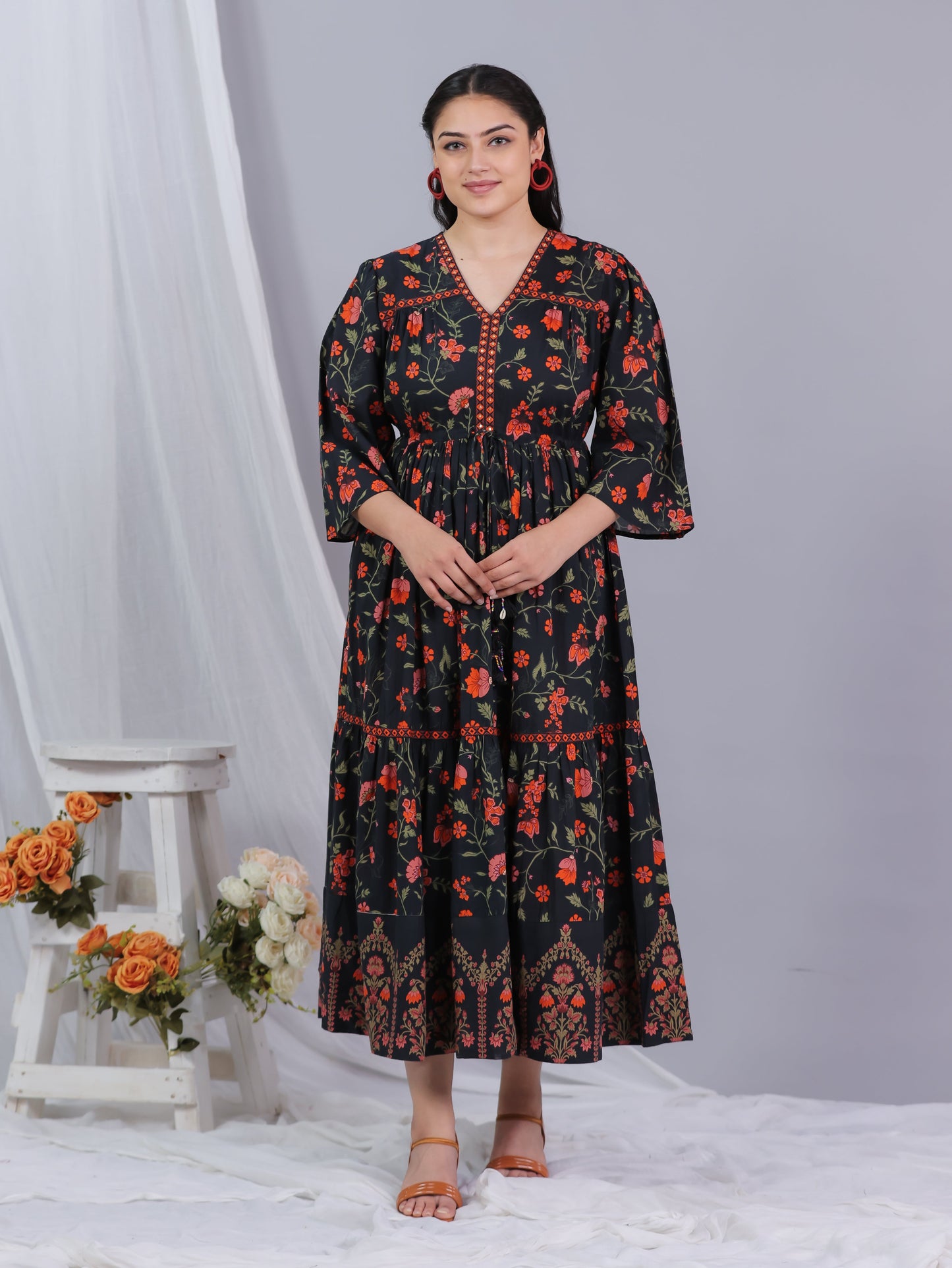 Soft Cotton Floral Gathered Black Dress