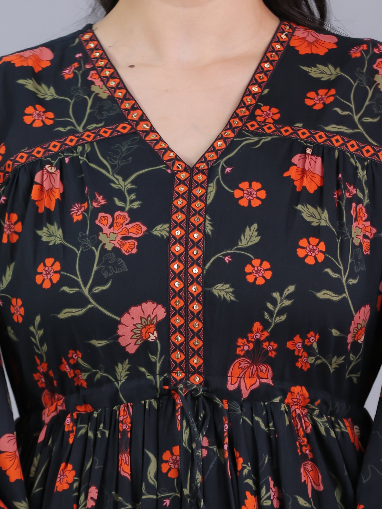 Soft Cotton Floral Gathered Black Dress