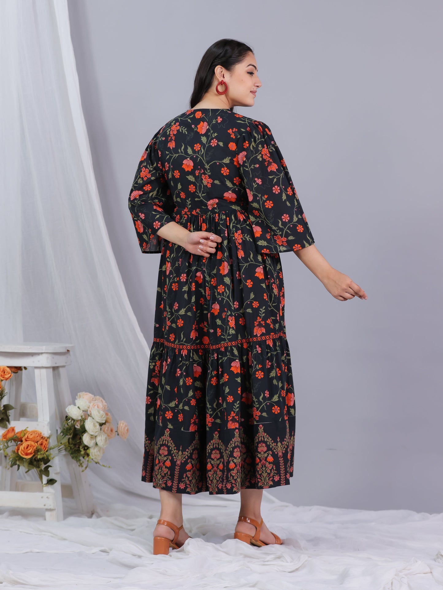 Soft Cotton Floral Gathered Black Dress