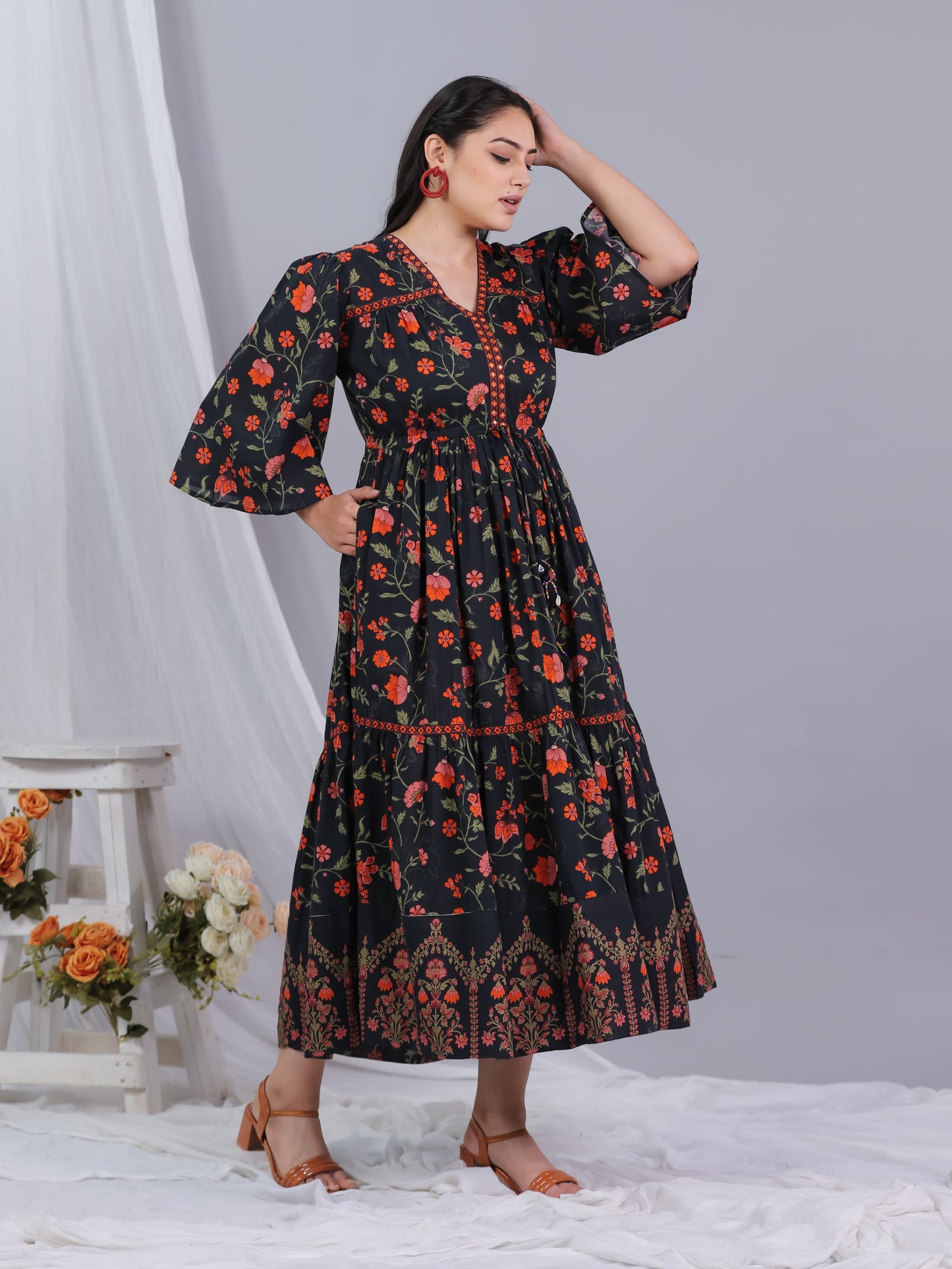 Soft Cotton Floral Gathered Black Dress