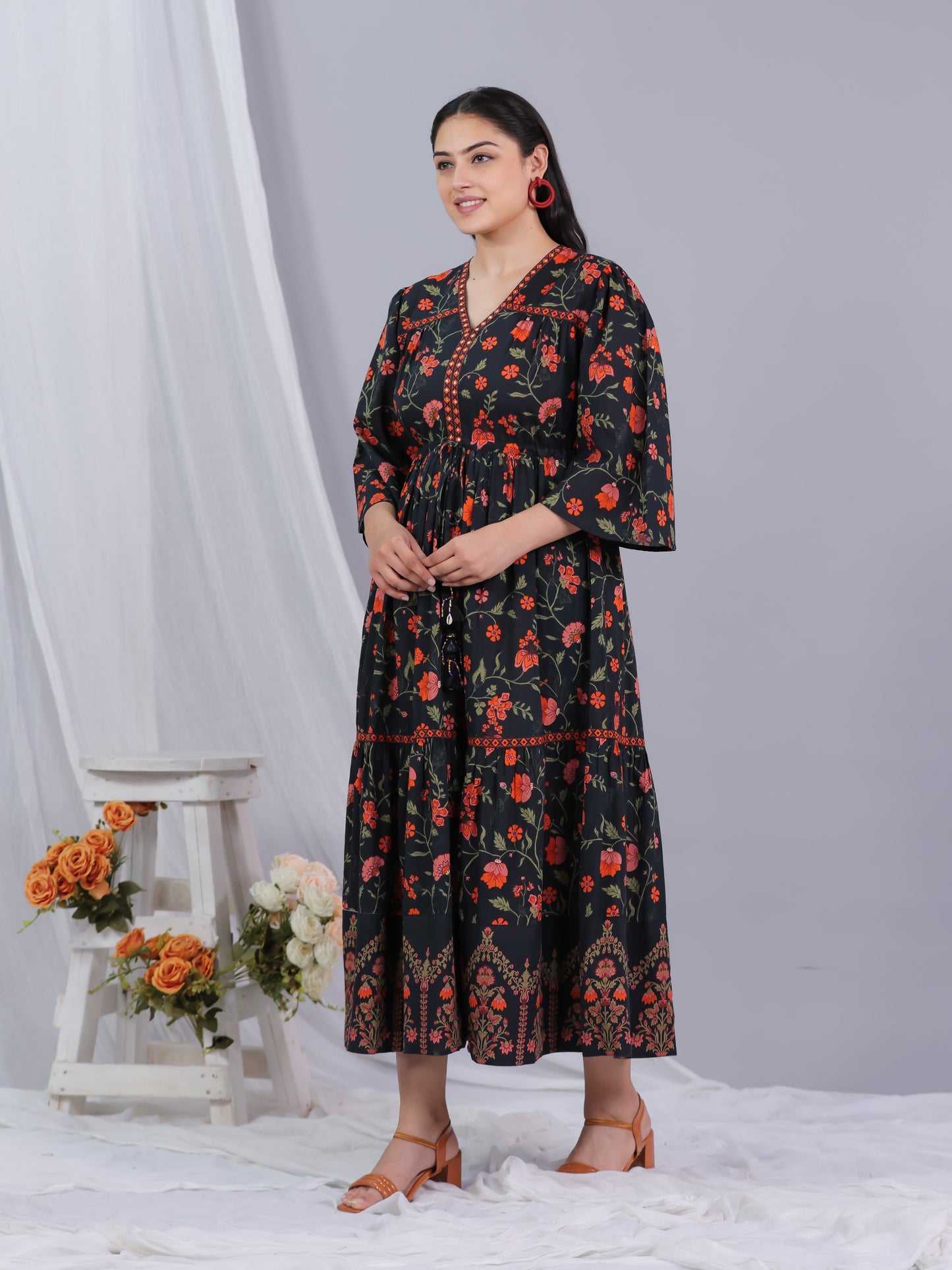 Soft Cotton Floral Gathered Black Dress