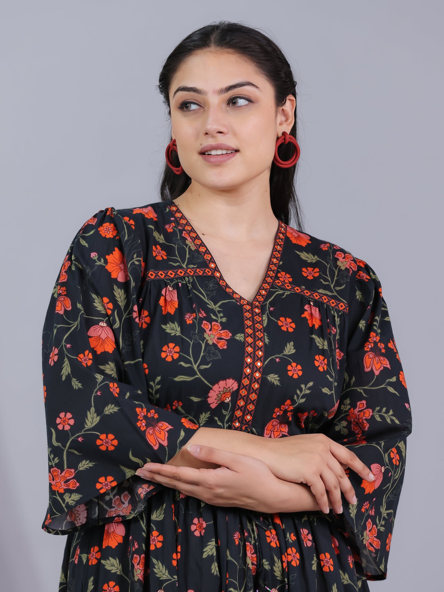 Soft Cotton Floral Gathered Black Dress
