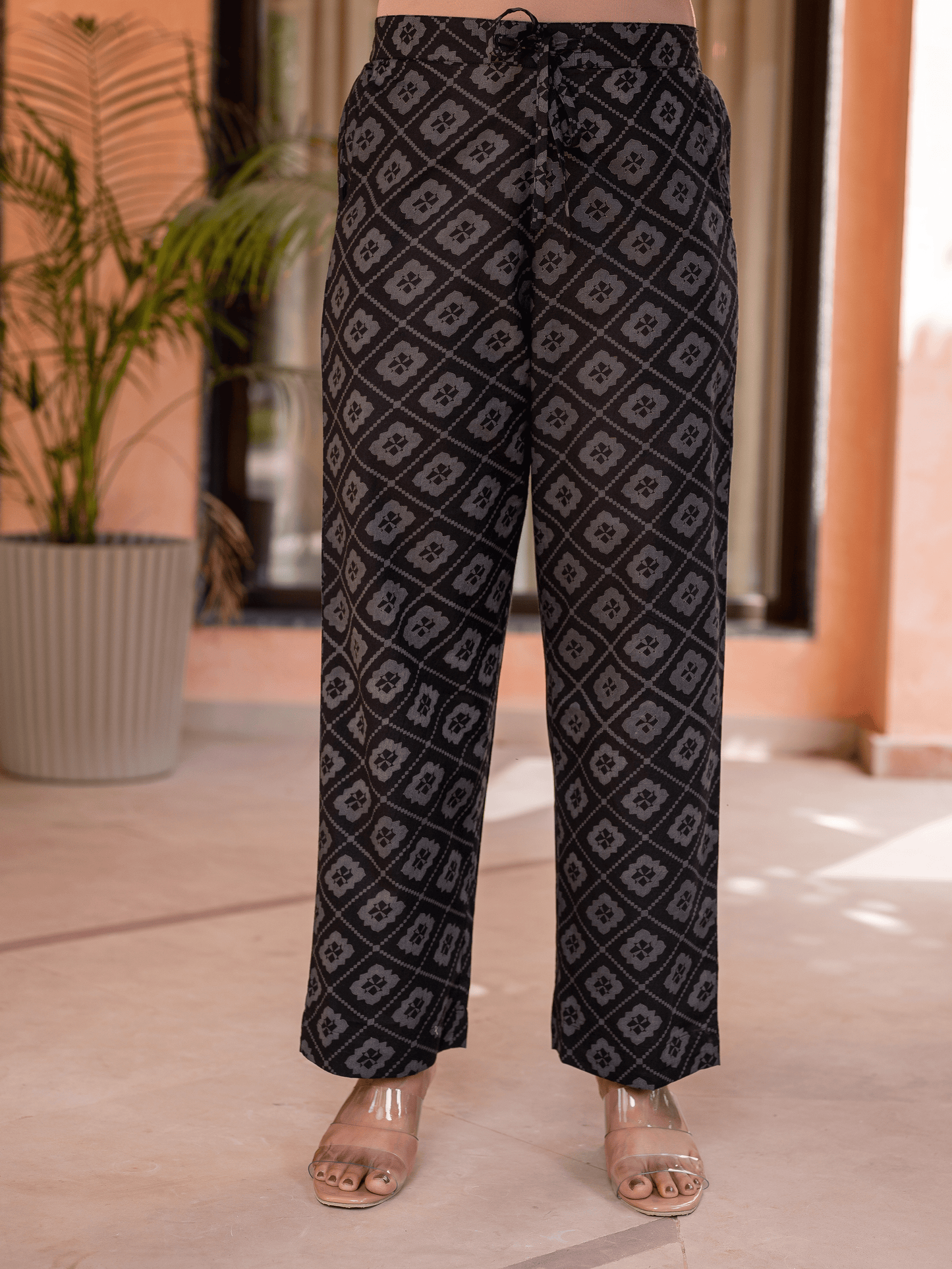 Soft Cotton Floral Black Straight Trousers