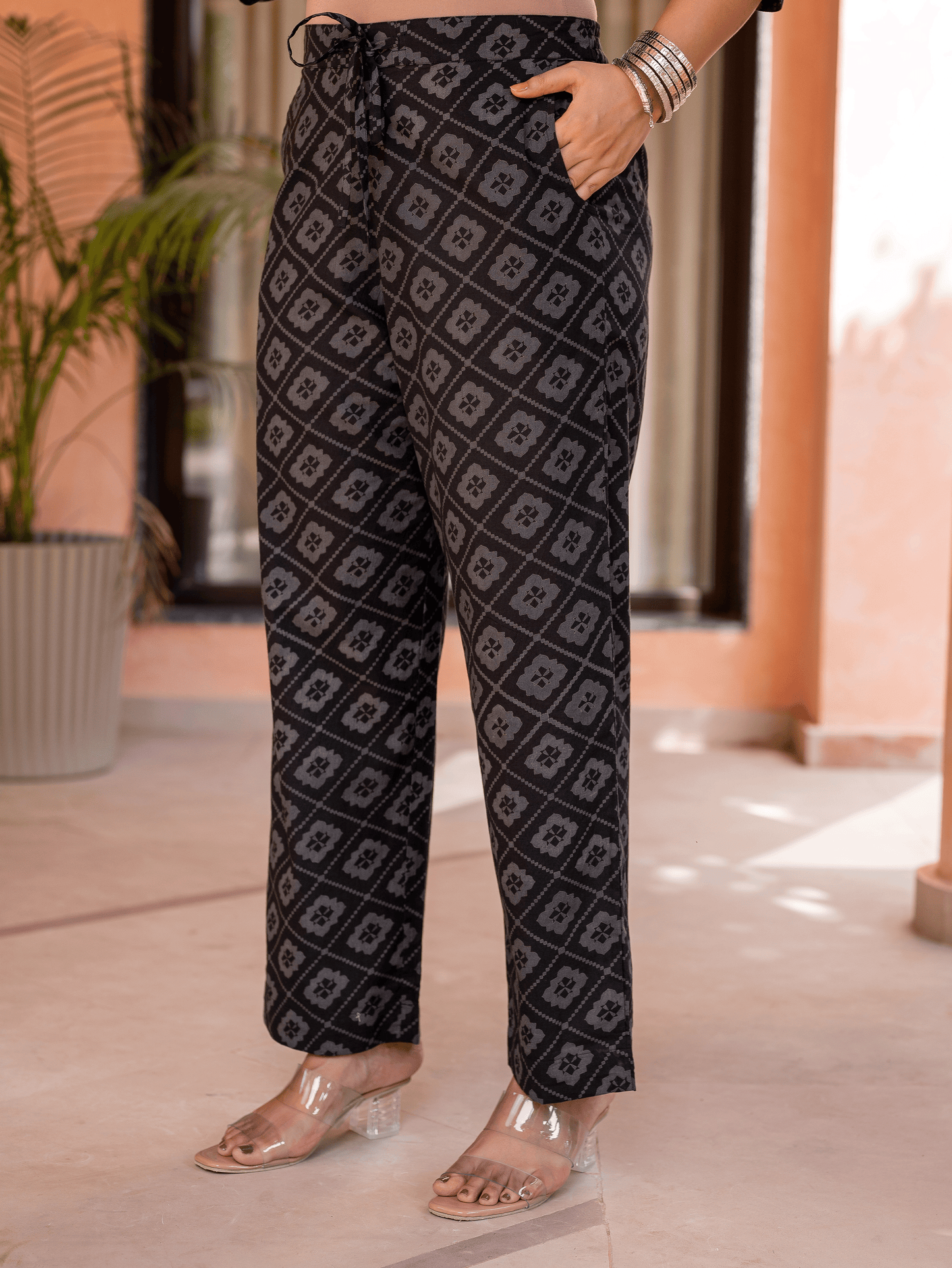 Soft Cotton Floral Black Straight Trousers
