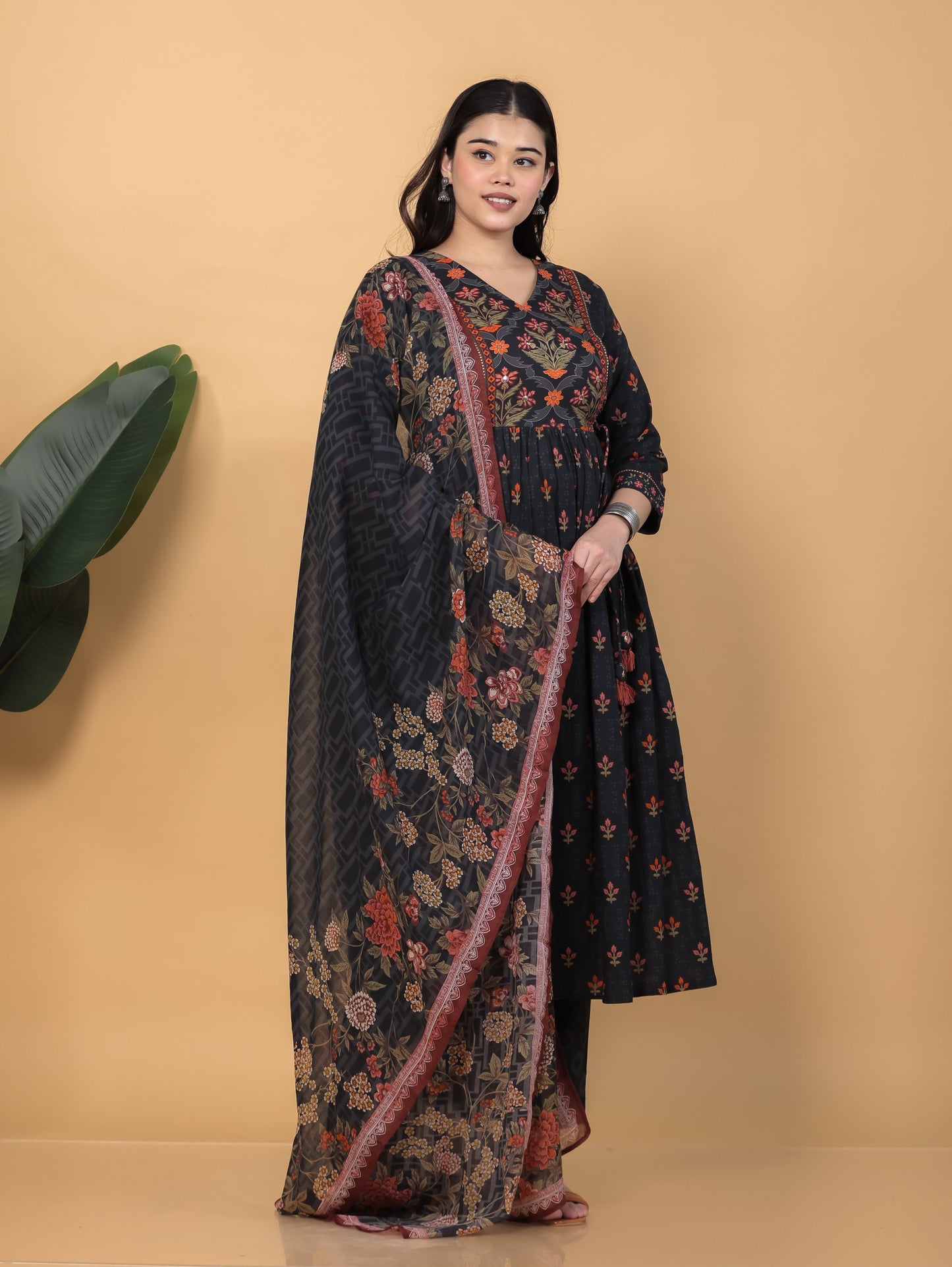 Cotton Voile Floral Black Dupatta