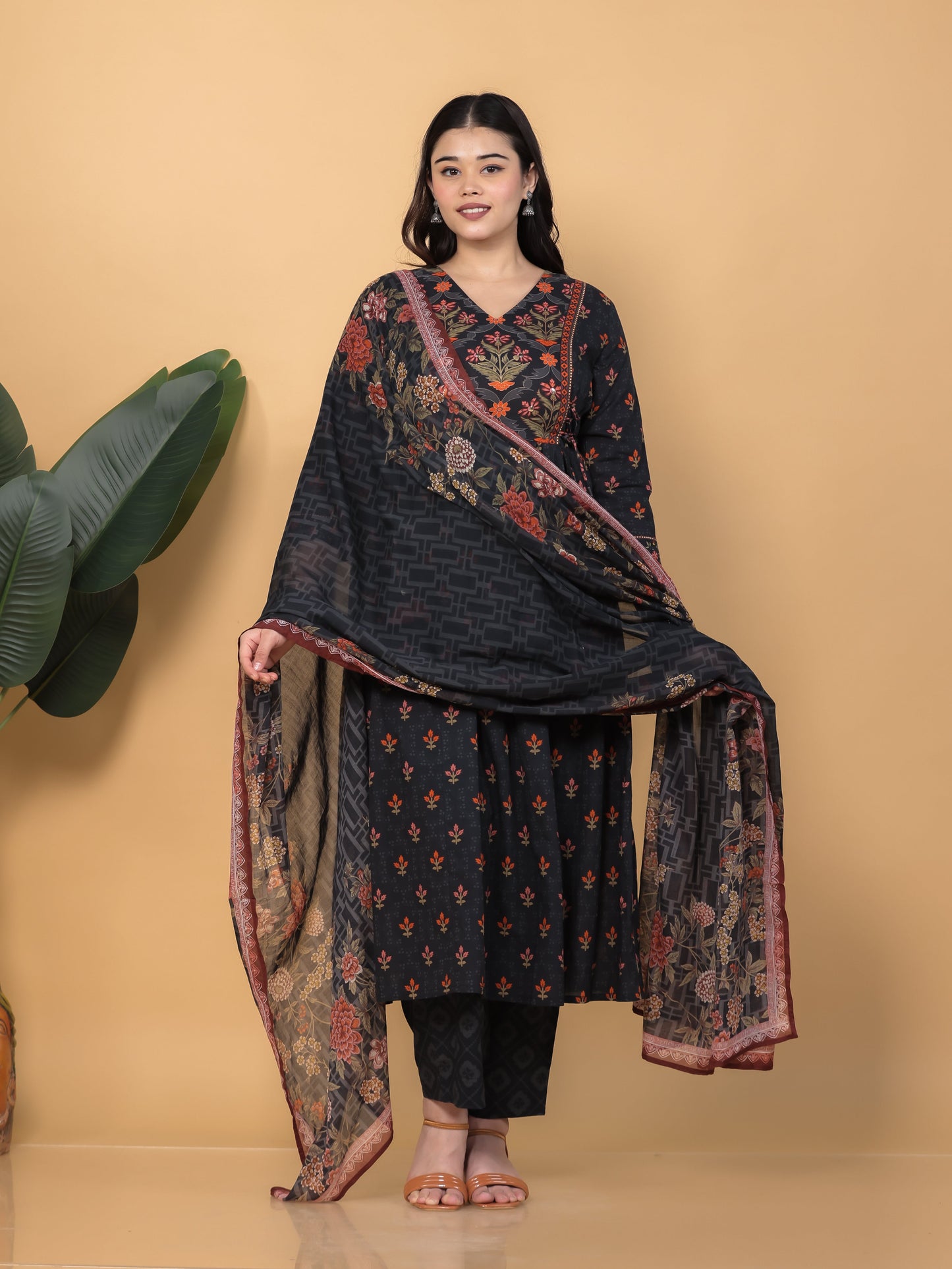 Cotton Voile Floral Black Dupatta
