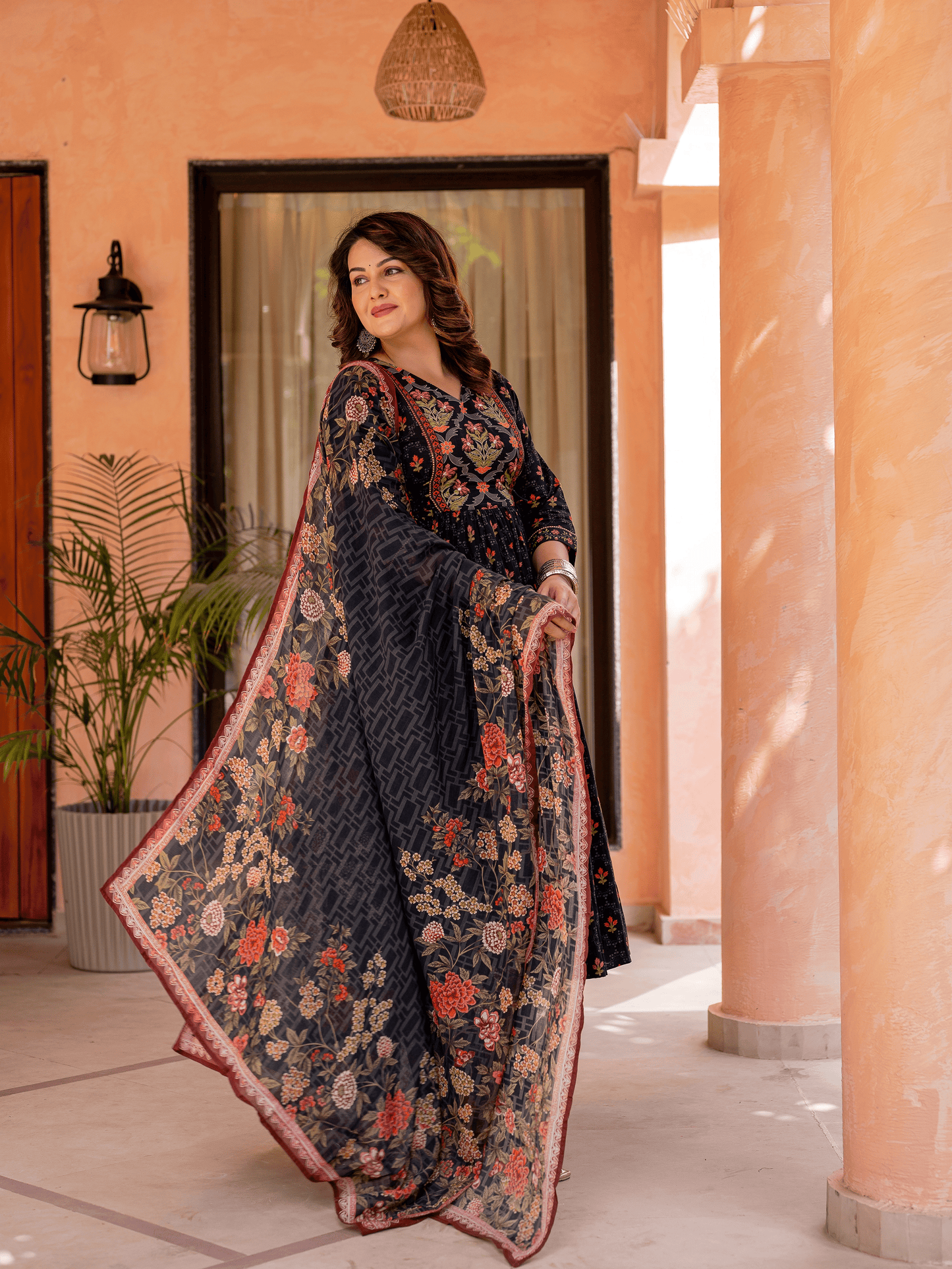 Cotton Voile Floral Black Dupatta