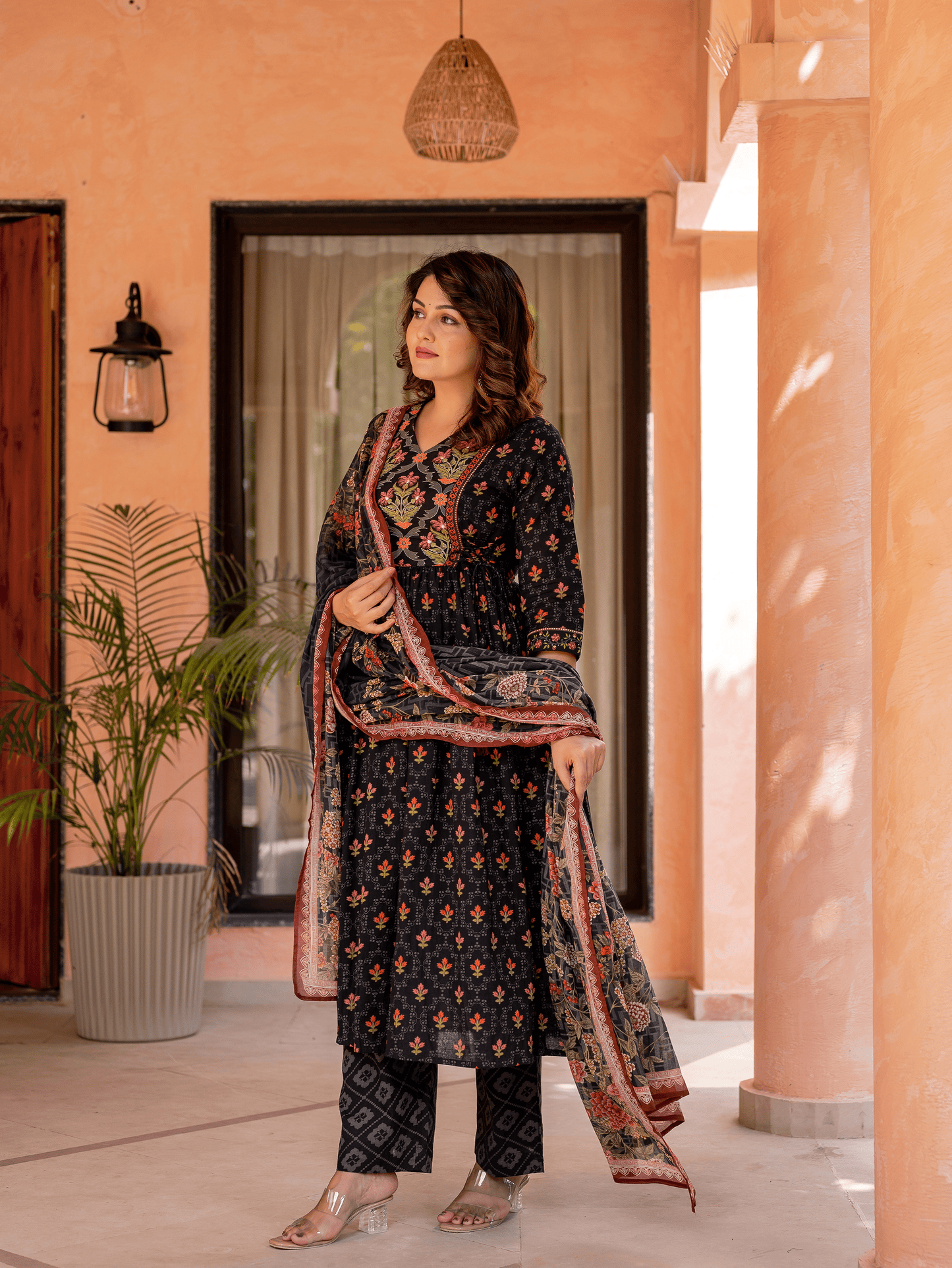 Soft Cotton Floral Flared Black Kurta