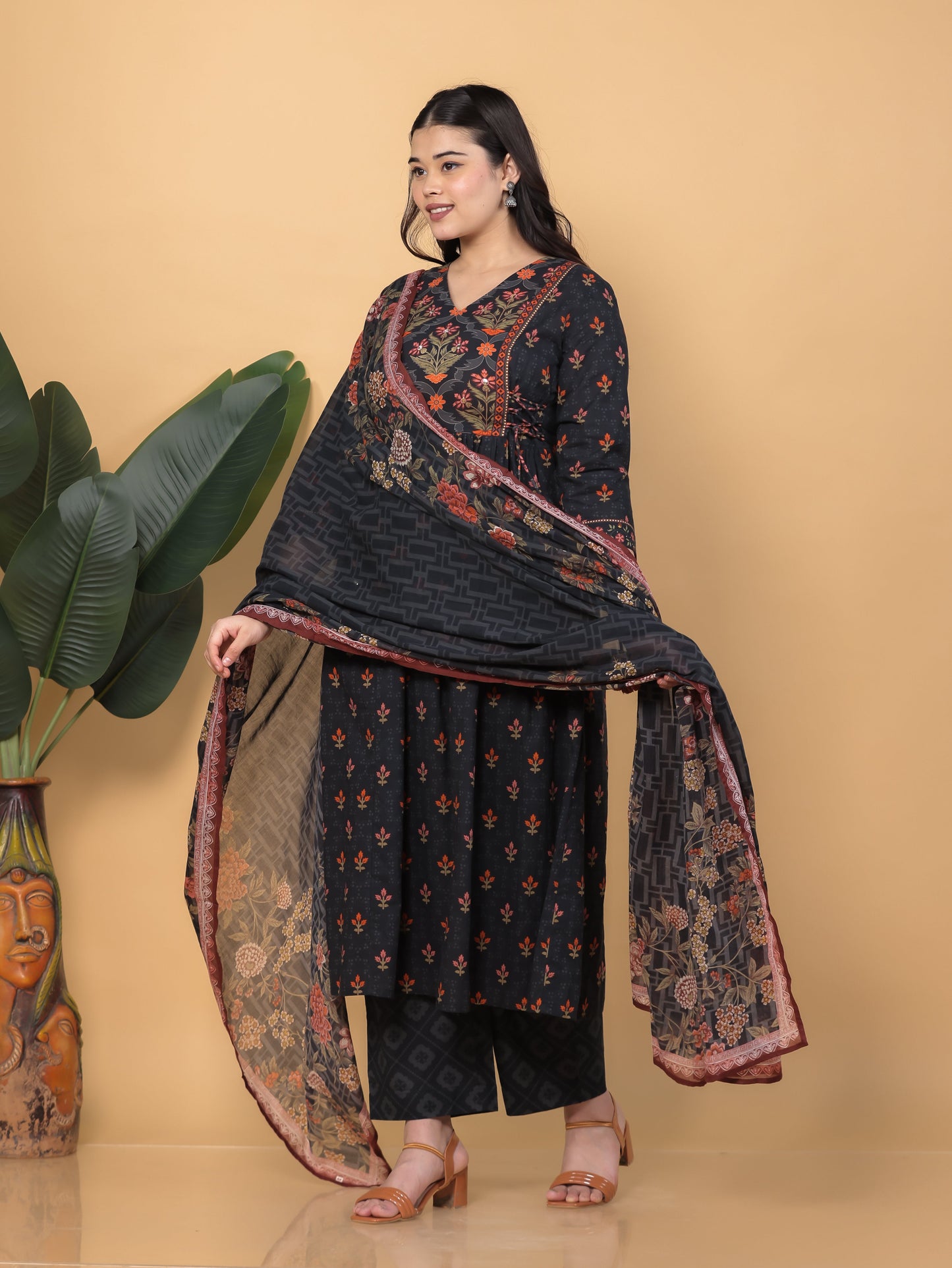 Soft Cotton Floral Flared Black Kurta