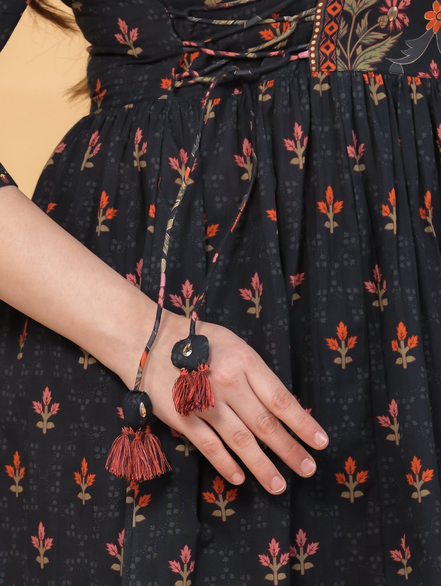 Soft Cotton Floral Flared Black Kurta