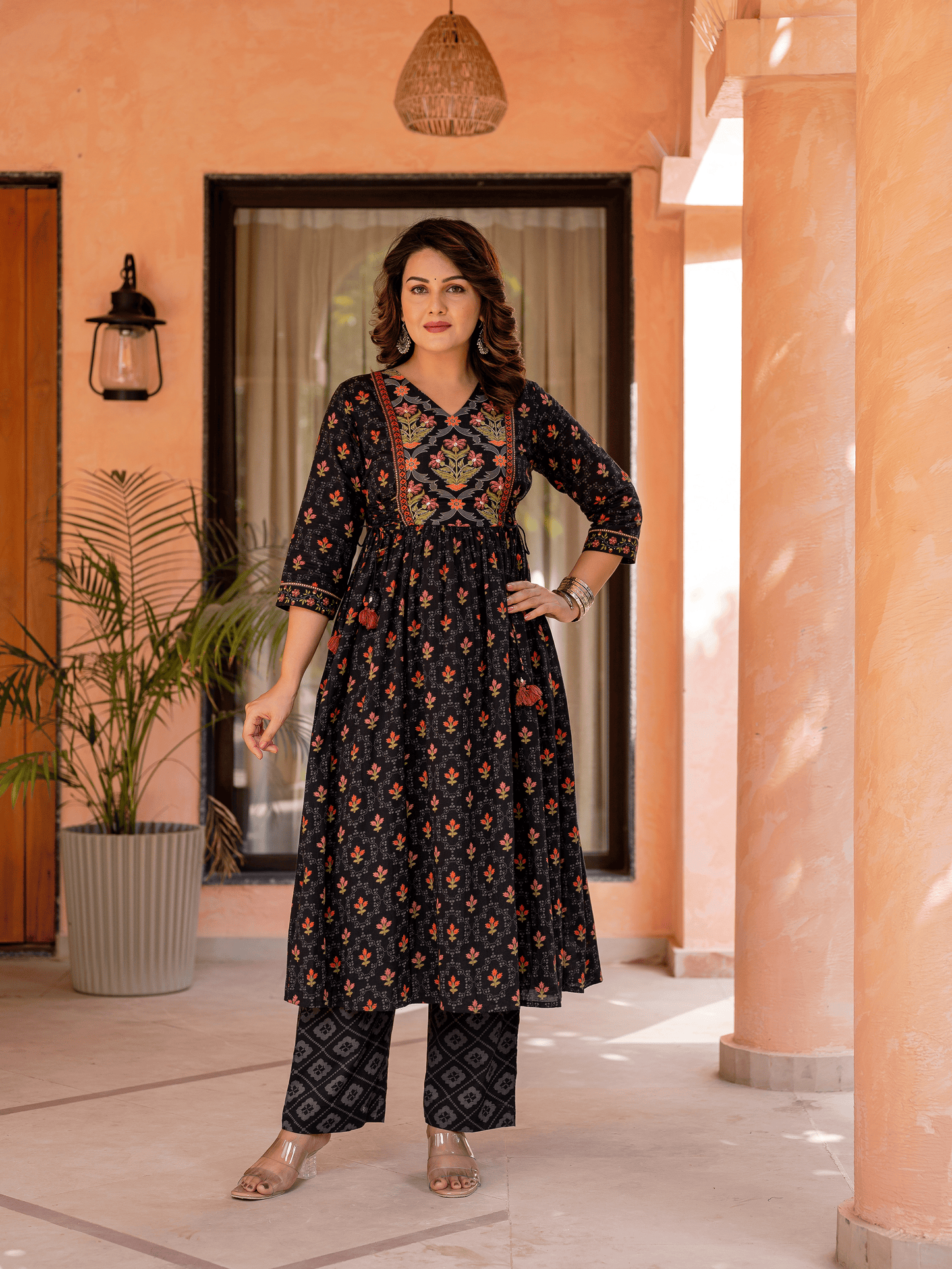 Soft Cotton Floral Flared Black Kurta