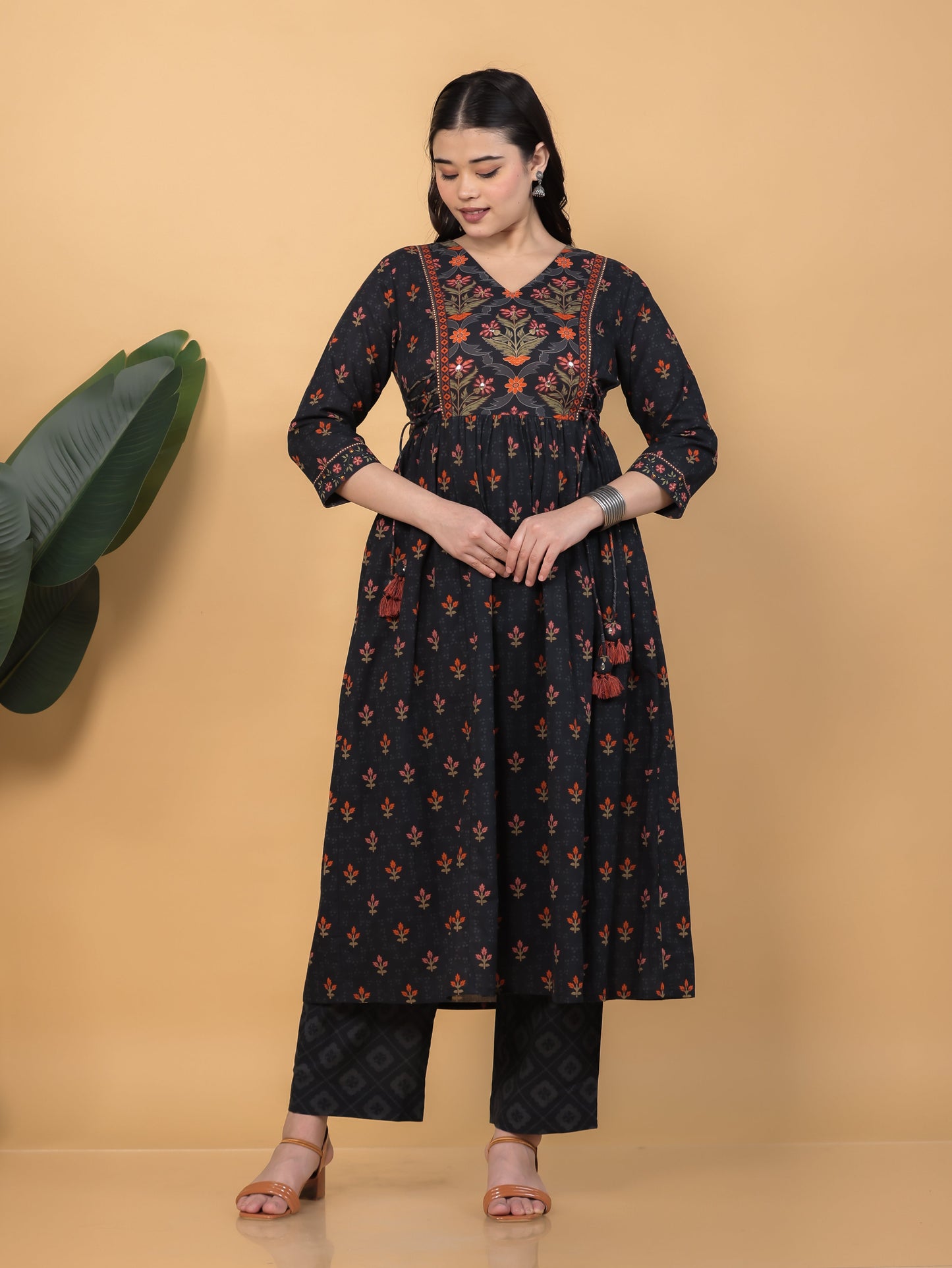 Soft Cotton Floral Flared Black Kurta