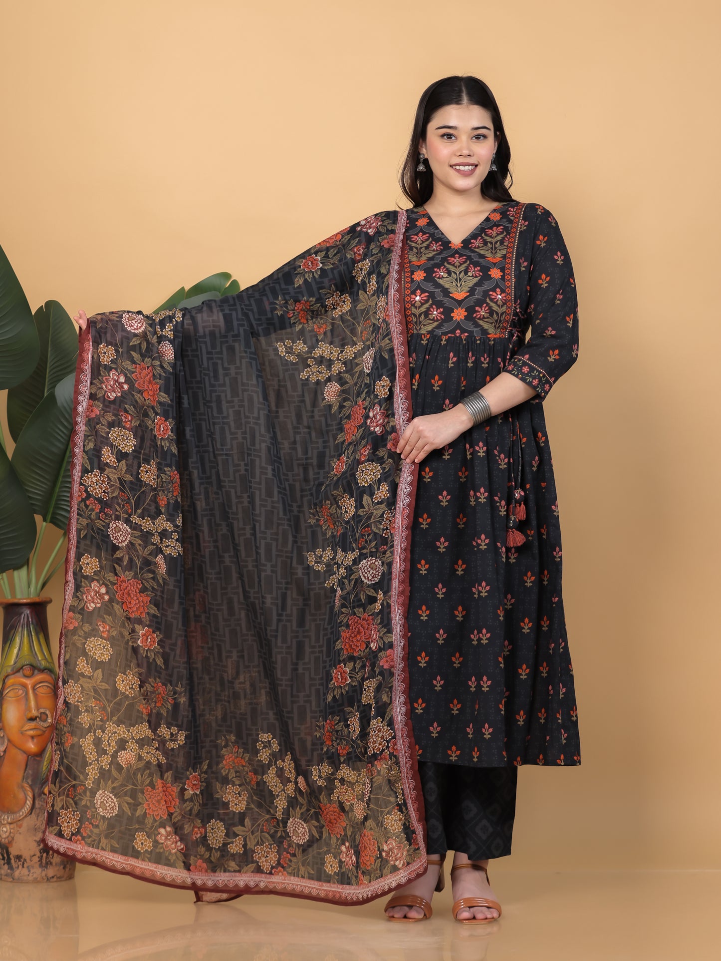Soft Cotton Floral Flared Black Kurta