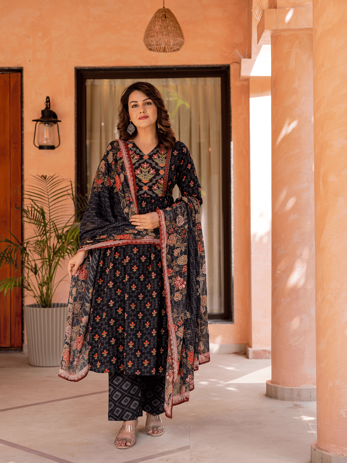 Soft Cotton Floral Flared Black Kurta