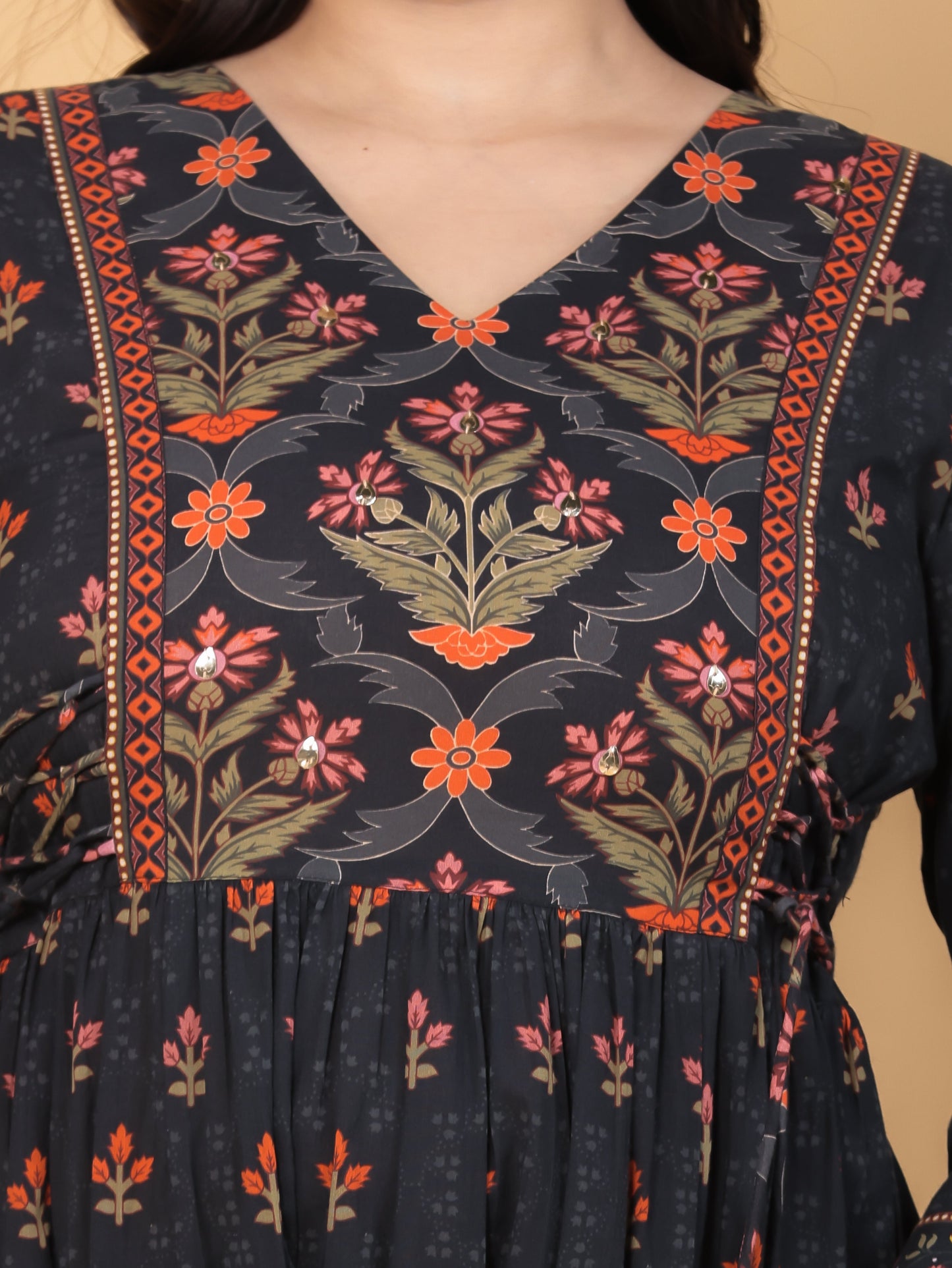 Soft Cotton Floral Flared Black Kurta