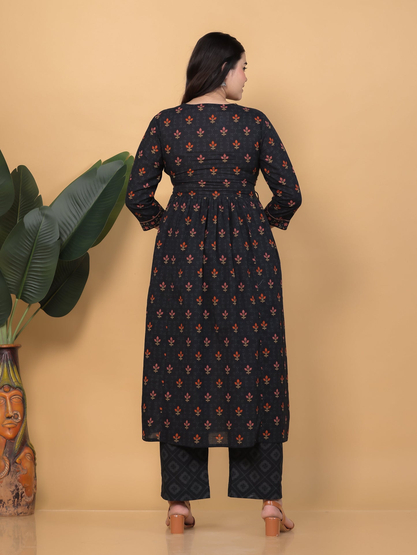 Soft Cotton Floral Flared Black Kurta
