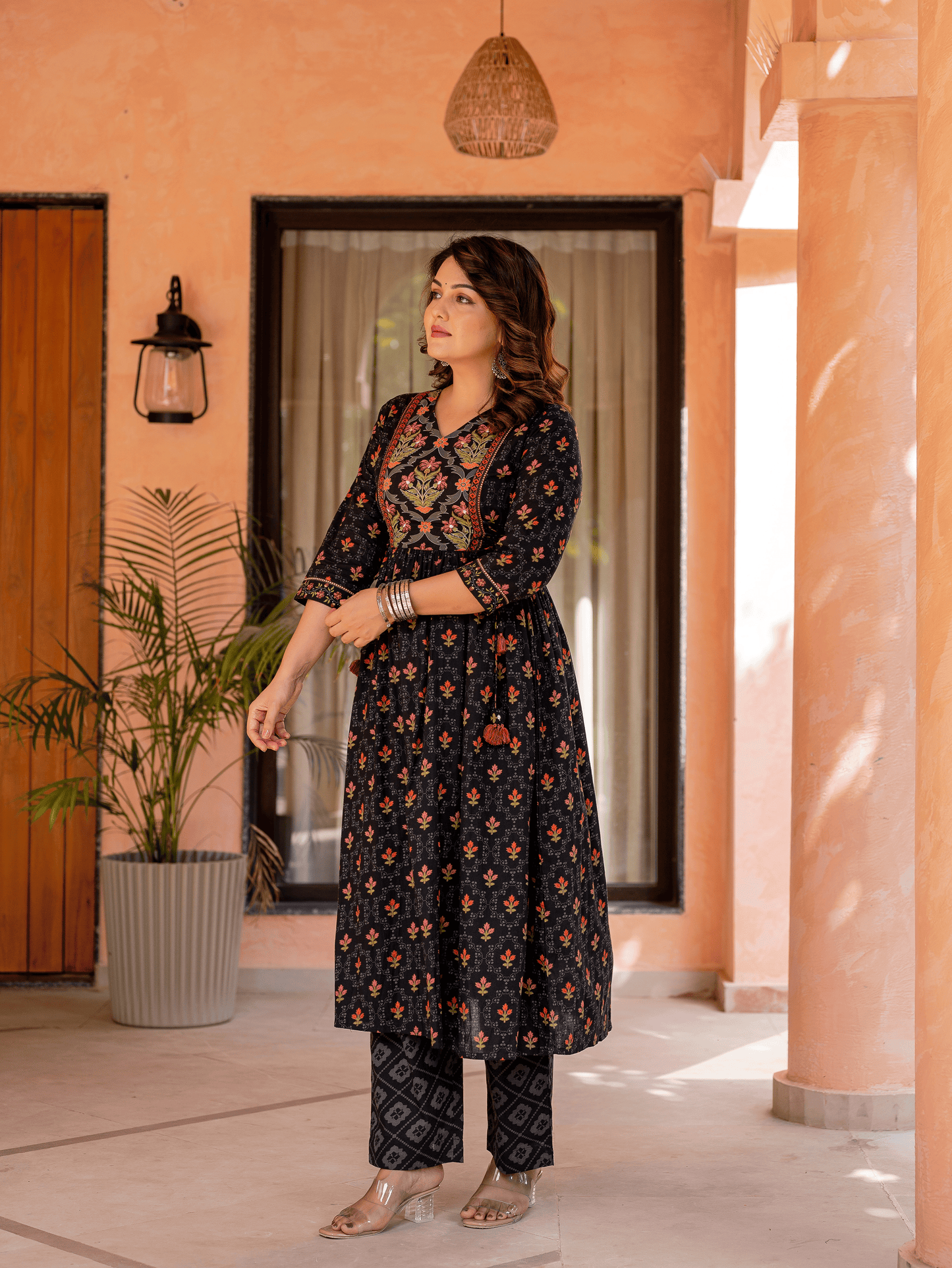 Soft Cotton Floral Flared Black Kurta
