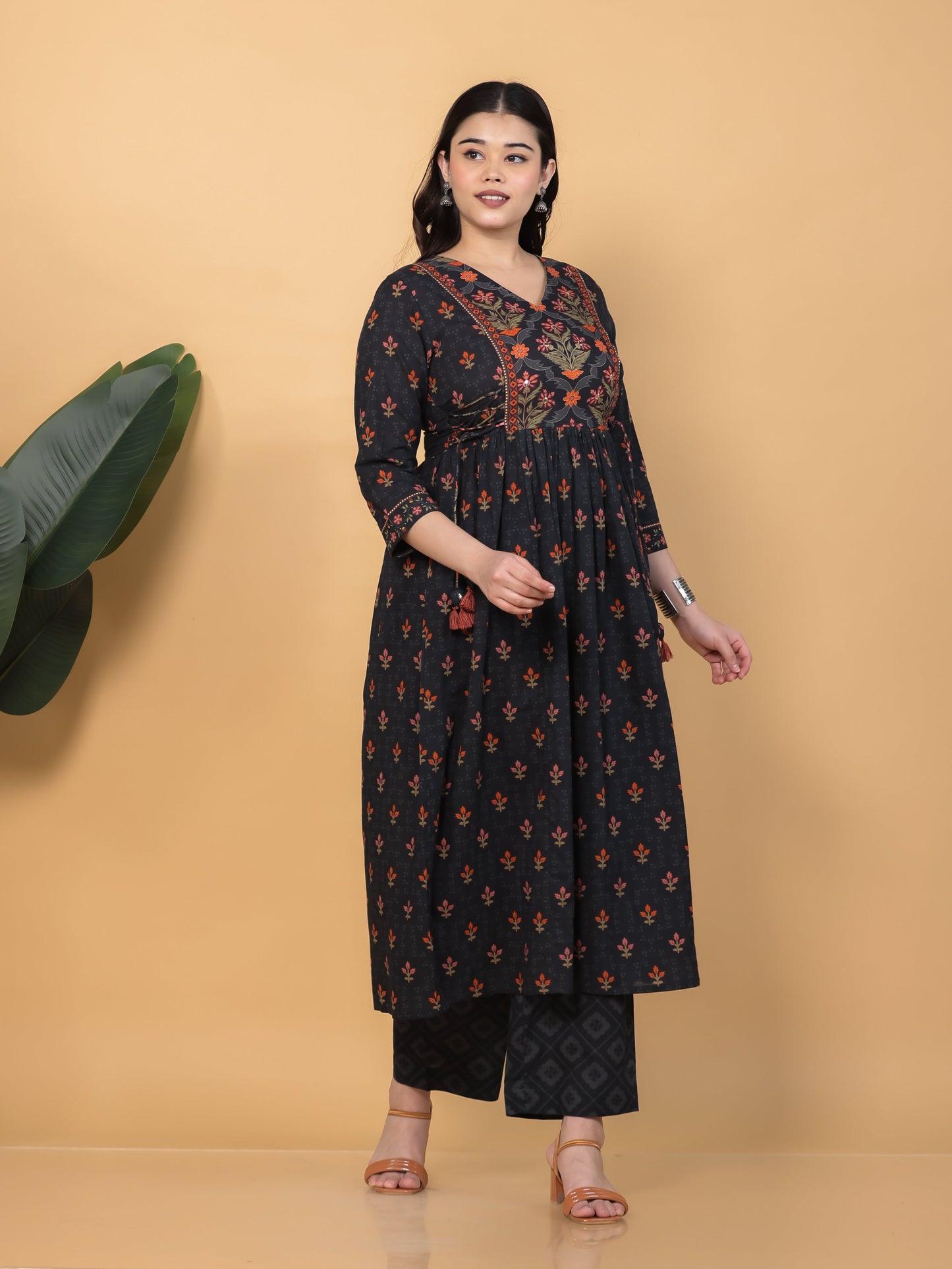 Soft Cotton Floral Flared Black Kurta