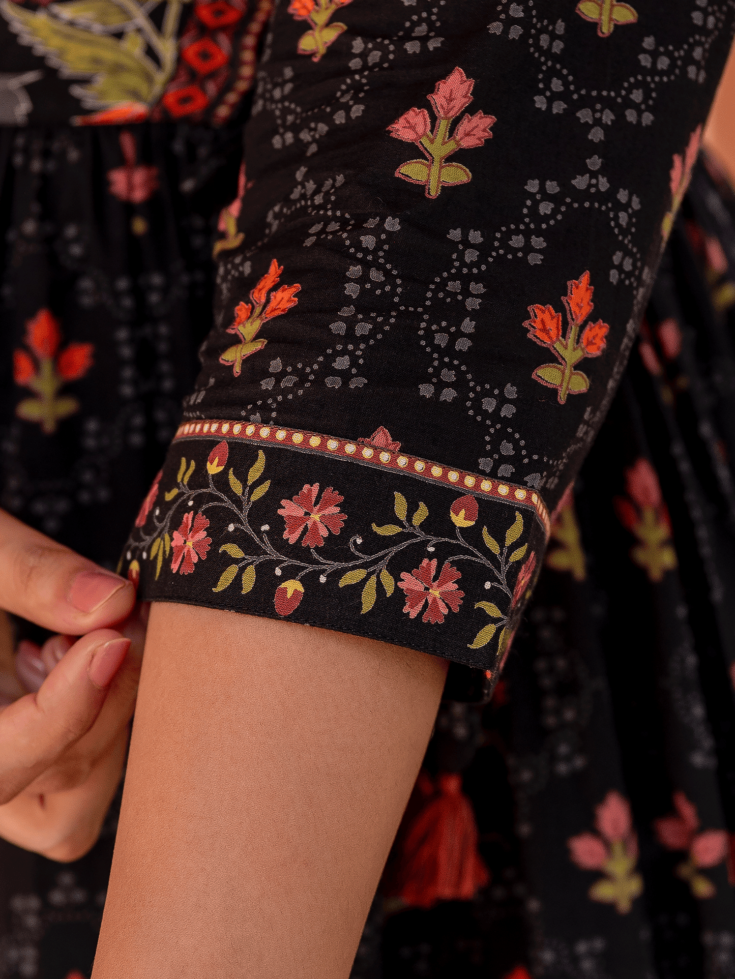 Soft Cotton Floral Flared Black Kurta