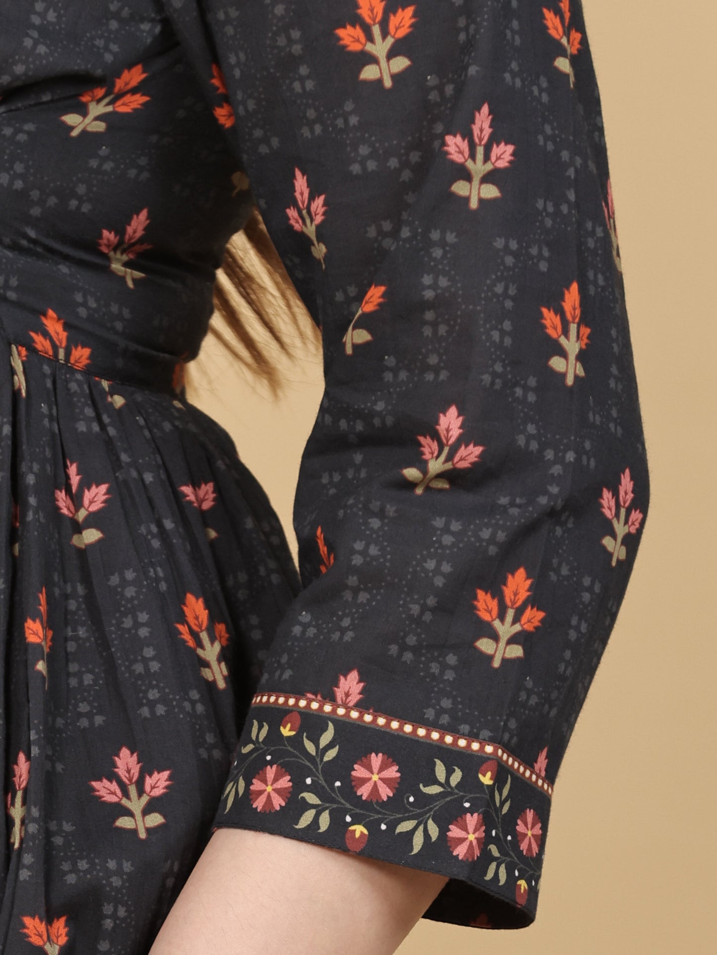 Soft Cotton Floral Flared Black Kurta