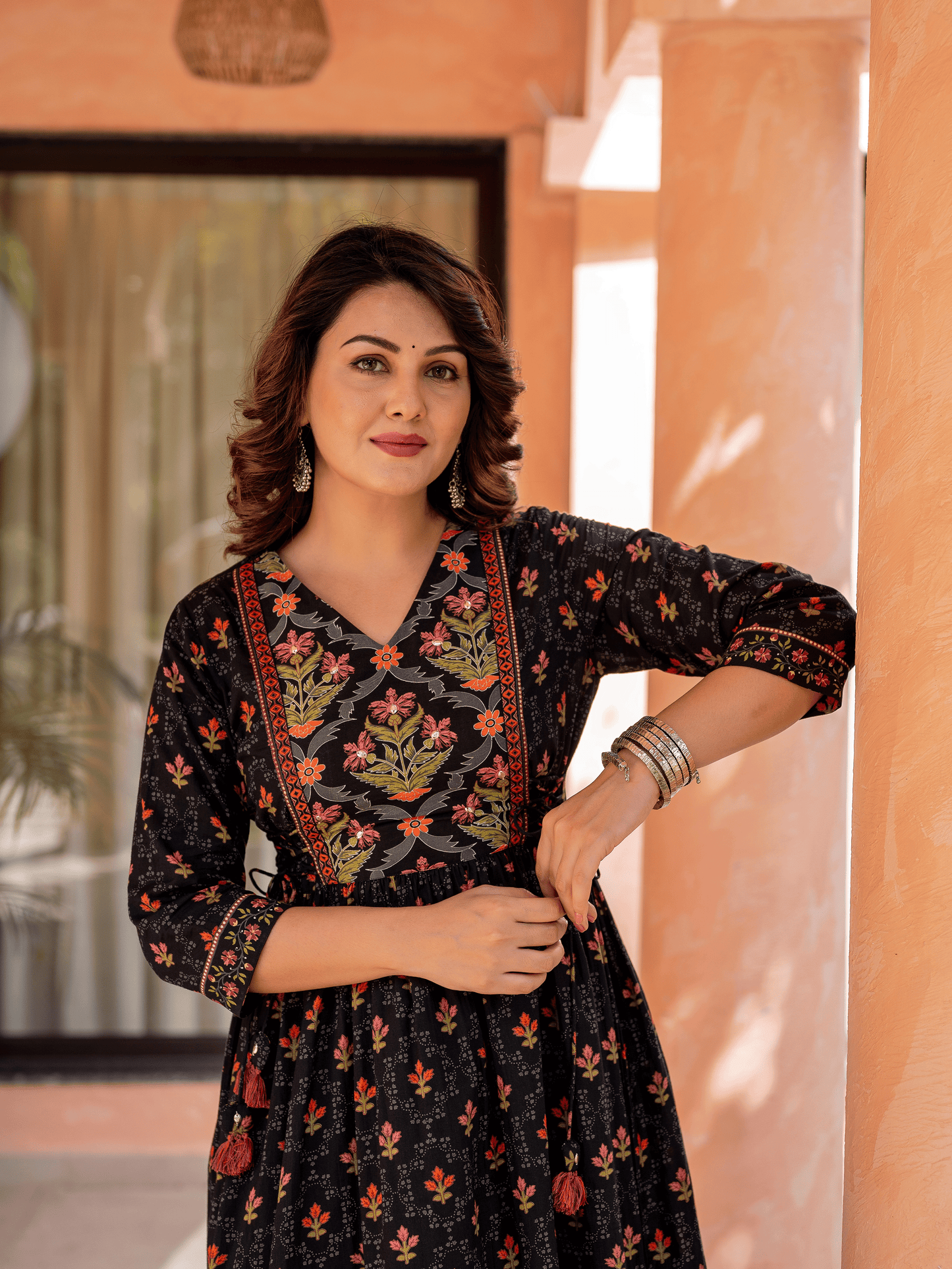 Soft Cotton Floral Flared Black Kurta