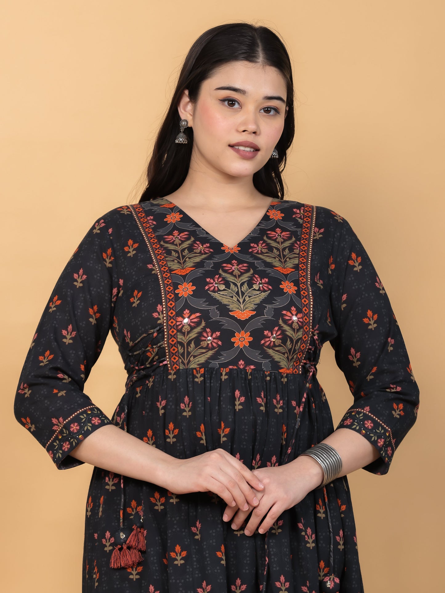Soft Cotton Floral Flared Black Kurta